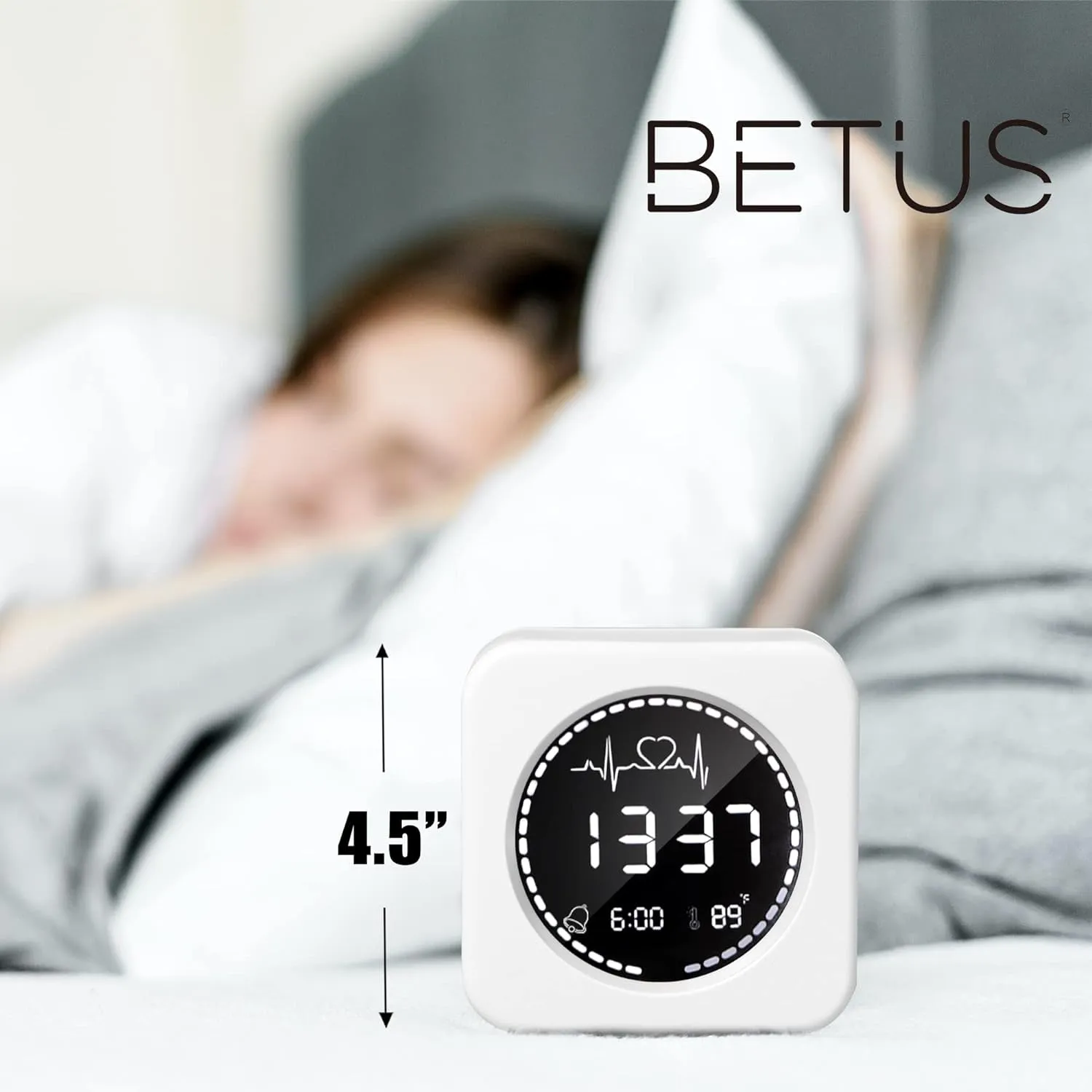 Betus Digital Travel Alarm Bedside Clock- Auto Dimmable Backlight for Distraction-Free Sleep - Silent and Compact Design - Heartbeat Animation Temperature and Snooze Function