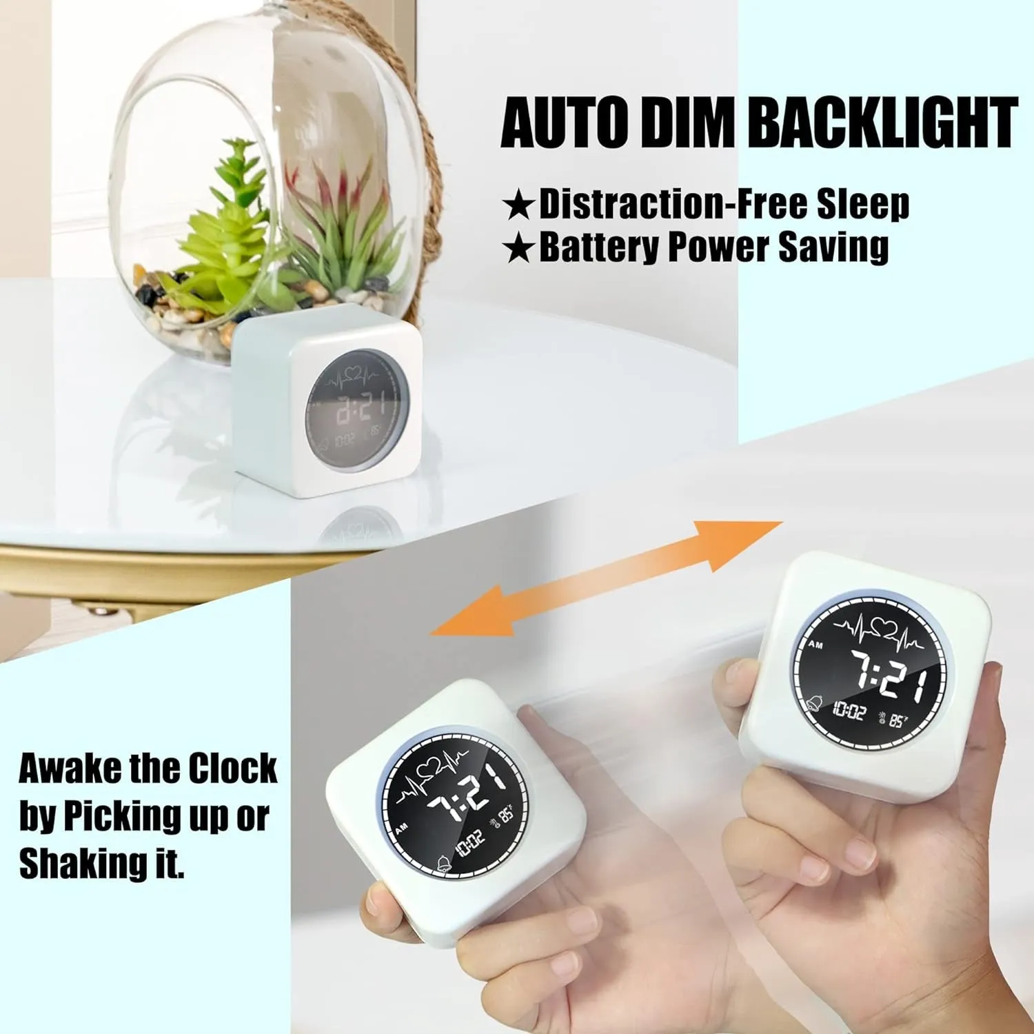 Betus Digital Travel Alarm Bedside Clock- Auto Dimmable Backlight for Distraction-Free Sleep - Silent and Compact Design - Heartbeat Animation Temperature and Snooze Function