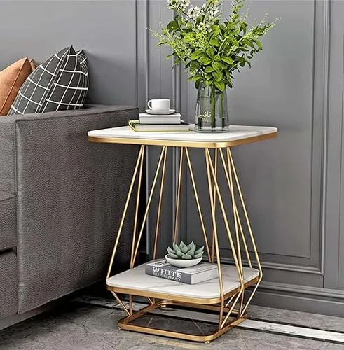 BULKWOOD Square Shape Side End Table Frame Sofa Corner Table for Living Room Coffee Table Wood Top with Marble Finish and Metal Frame Sofa Table End Table Bedroom Nesting Table (Gold White)