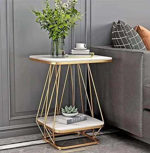 BULKWOOD Square Shape Side End Table Frame Sofa Corner Table for Living Room Coffee Table Wood Top with Marble Finish and Metal Frame Sofa Table End Table Bedroom Nesting Table (Gold White)