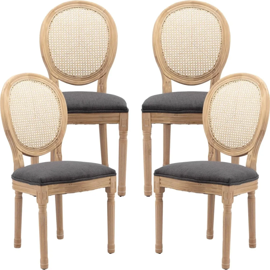 Chic French Rattan Dining Chairs, Solid Wood Legs - 4x, Grey