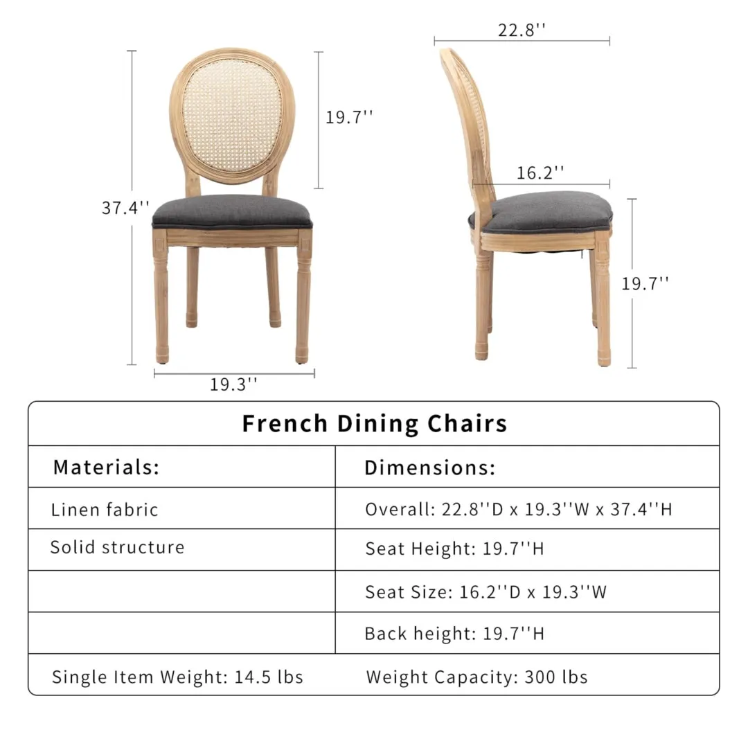 Chic French Rattan Dining Chairs, Solid Wood Legs - 4x, Grey