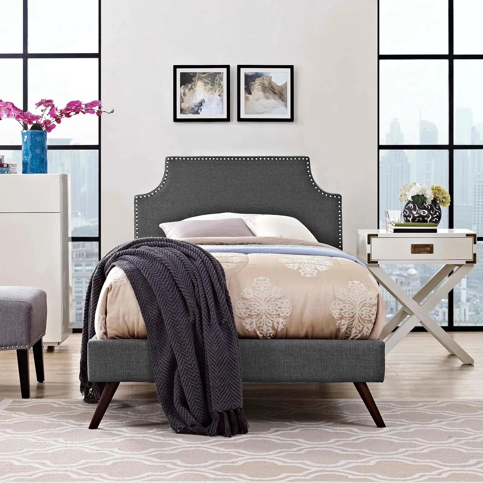 Corene Fabric Platform Bed with Round Splayed Legs