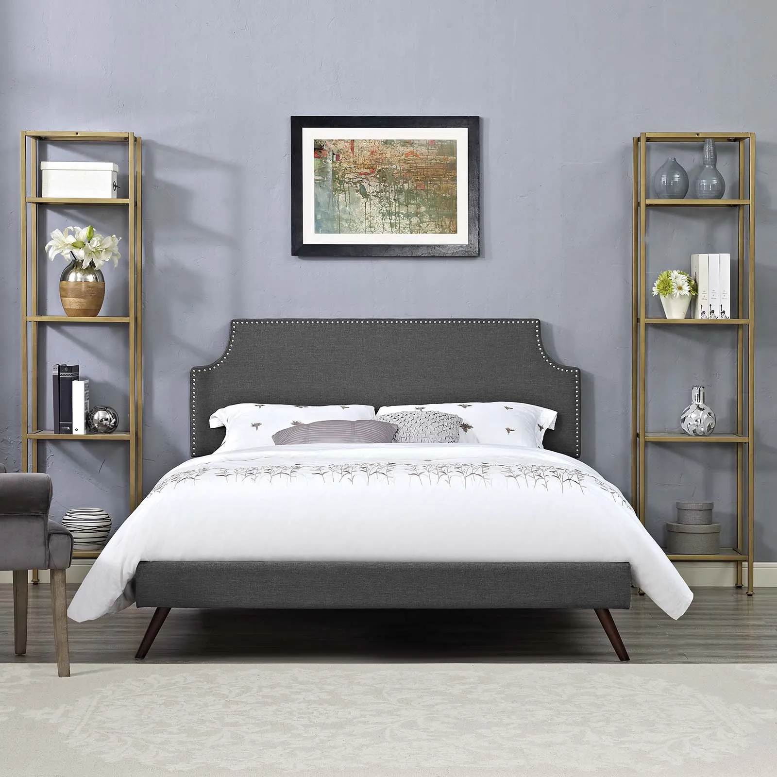 Corene Fabric Platform Bed with Round Splayed Legs