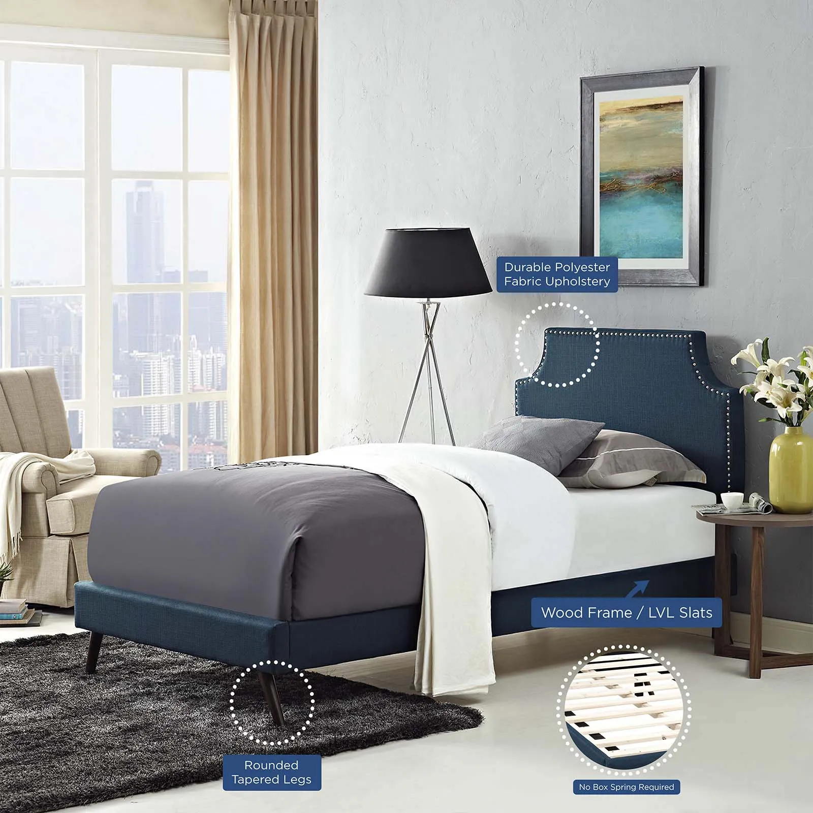 Corene Fabric Platform Bed with Round Splayed Legs