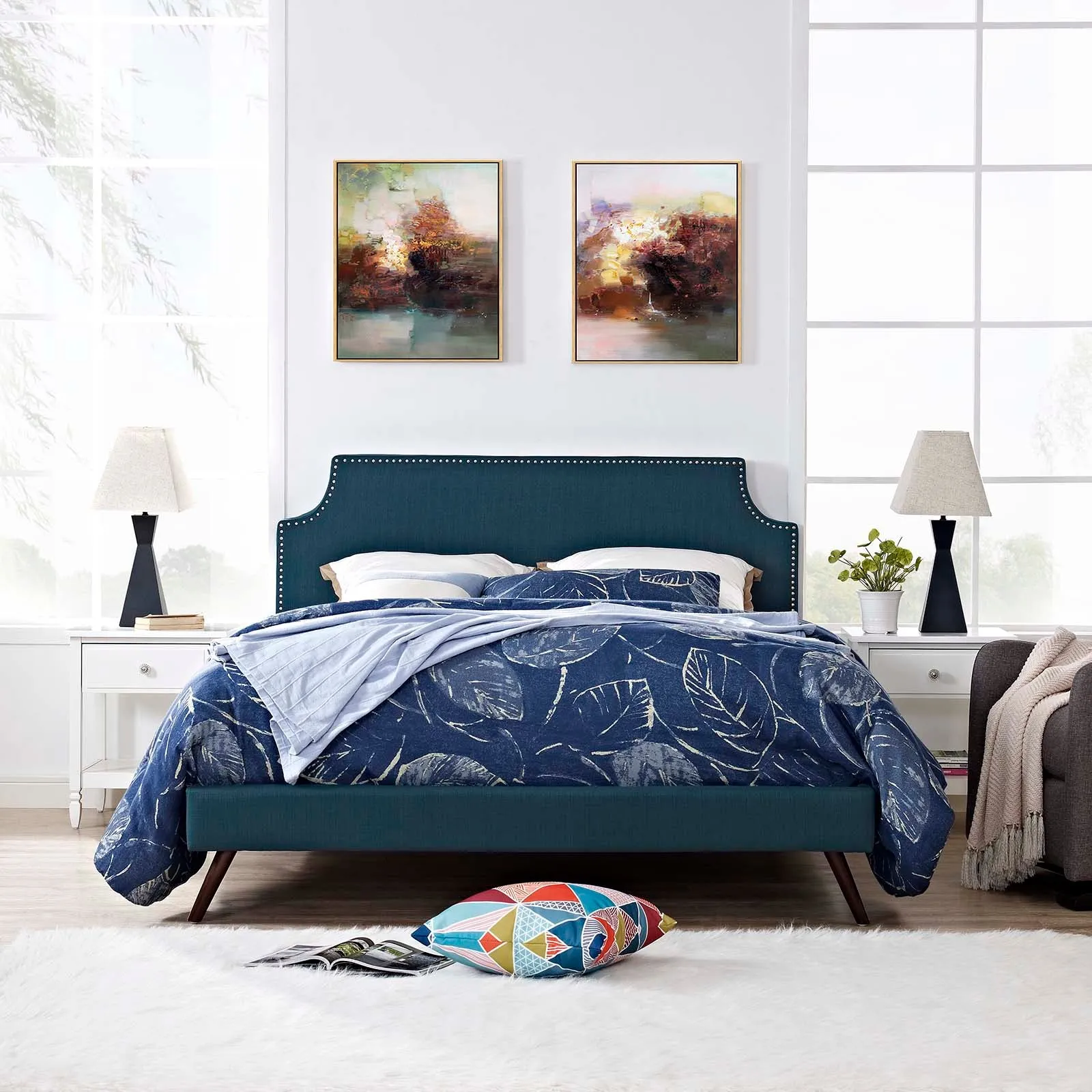 Corene Fabric Platform Bed with Round Splayed Legs