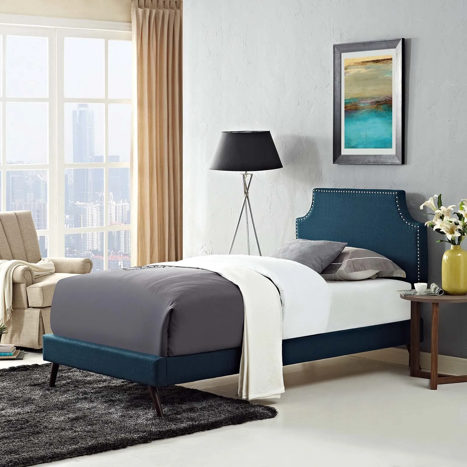 Corene Fabric Platform Bed with Round Splayed Legs