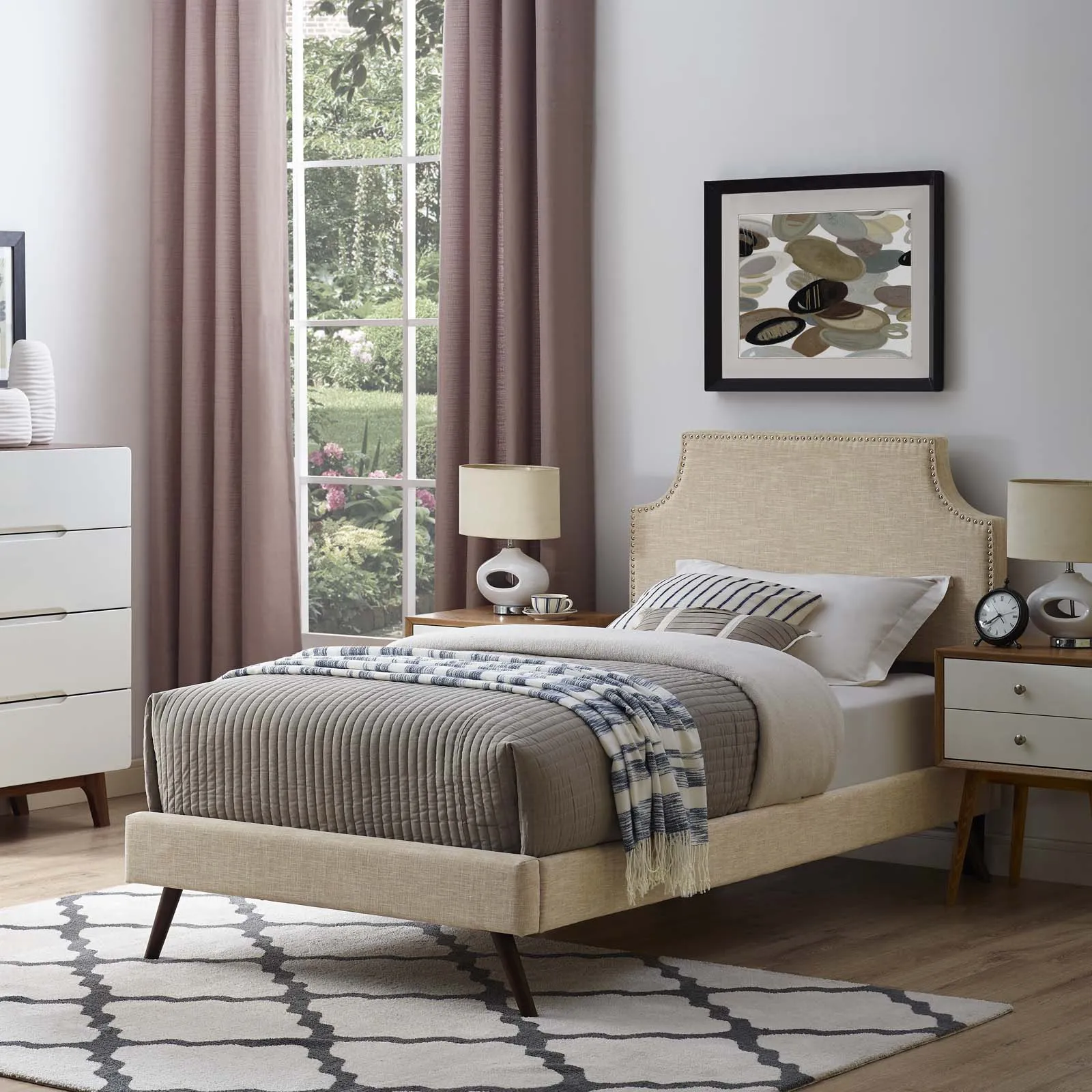 Corene Fabric Platform Bed with Round Splayed Legs