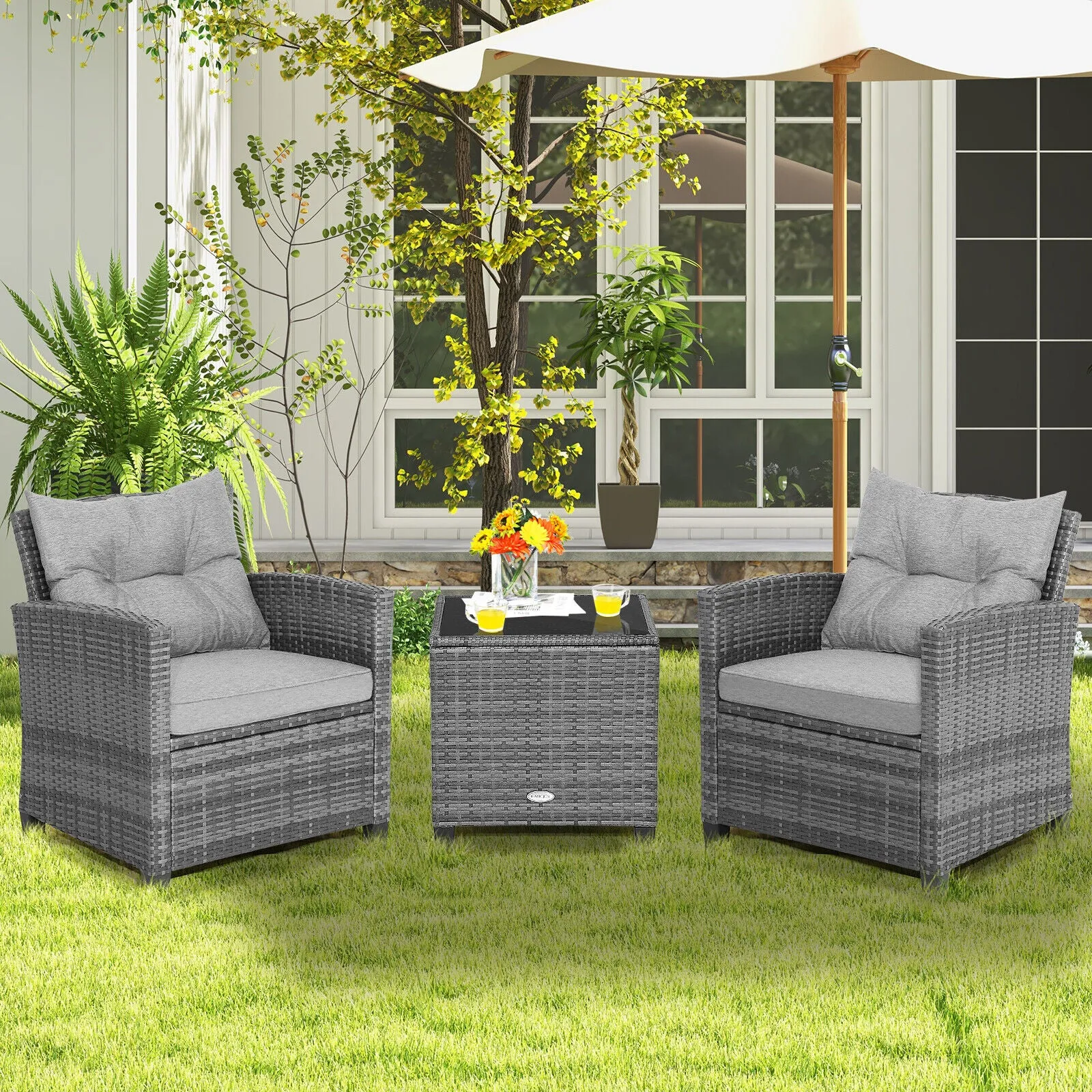 Costway Patio Furniture Set Outdoor Wicker 3 Piece Tempered Glass Tabletop New