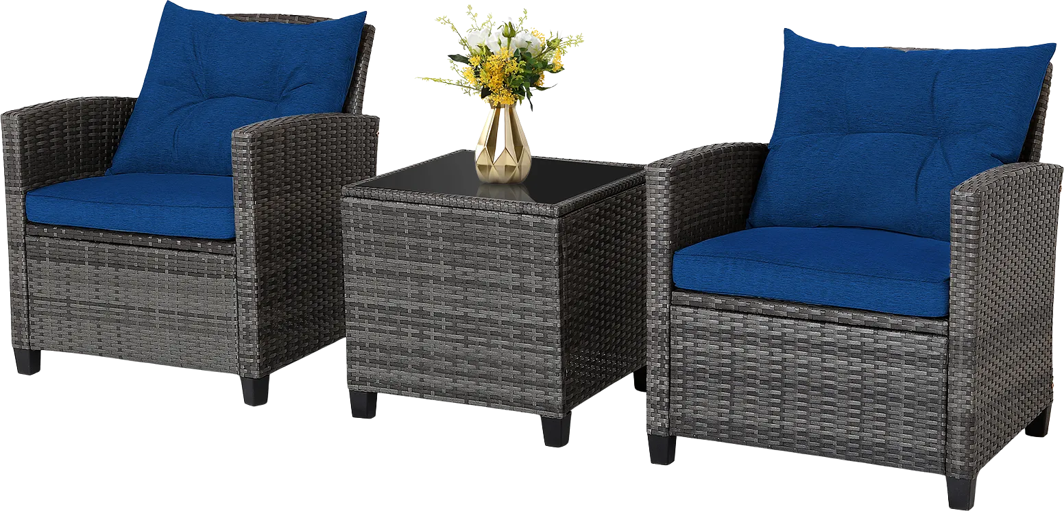 Costway Patio Furniture Set Outdoor Wicker 3 Piece Tempered Glass Tabletop New