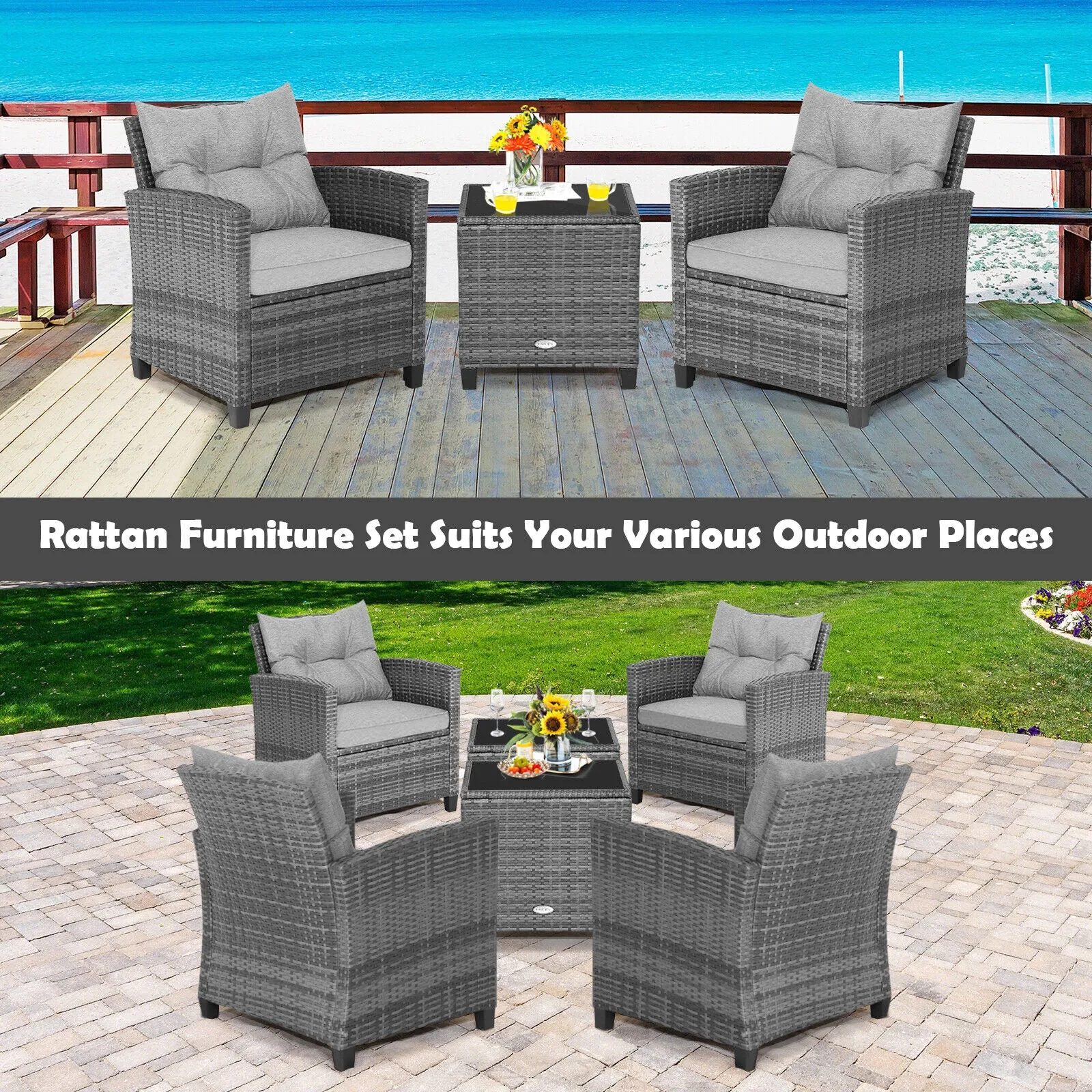 Costway Patio Furniture Set Outdoor Wicker 3 Piece Tempered Glass Tabletop New