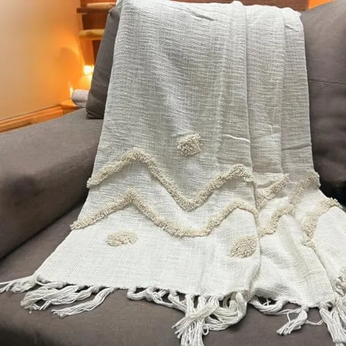 Cotton Goodness Handmade Pure Cotton Sofa Throw Blanket, Soft Decorative Throw for Living Room, Sofa, Chair and Couch, Reversible and Breathable Throw, Snow Tufted (Size- 130 x 160 cm)