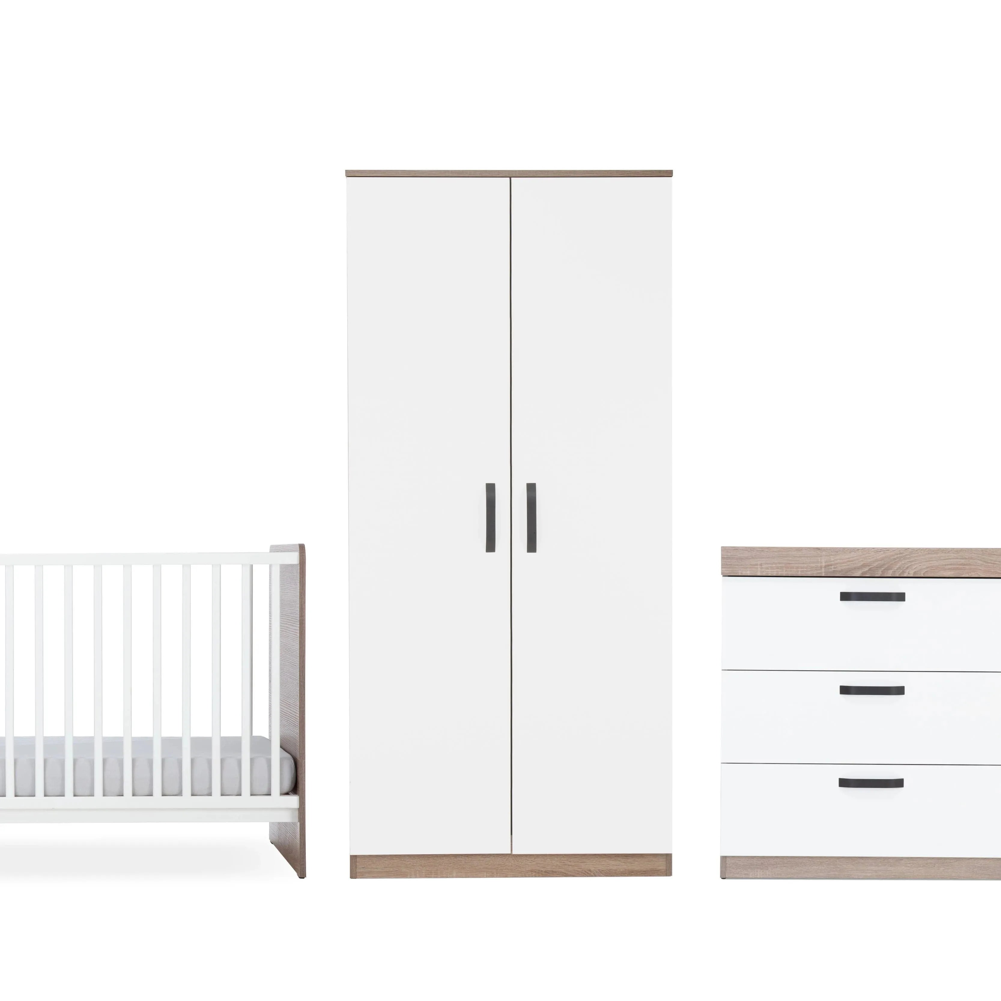 CuddleCo Enzo 3pc Set 3 Drawer Dresser, Cot Bed and Wardrobe - Truffle Oak/White