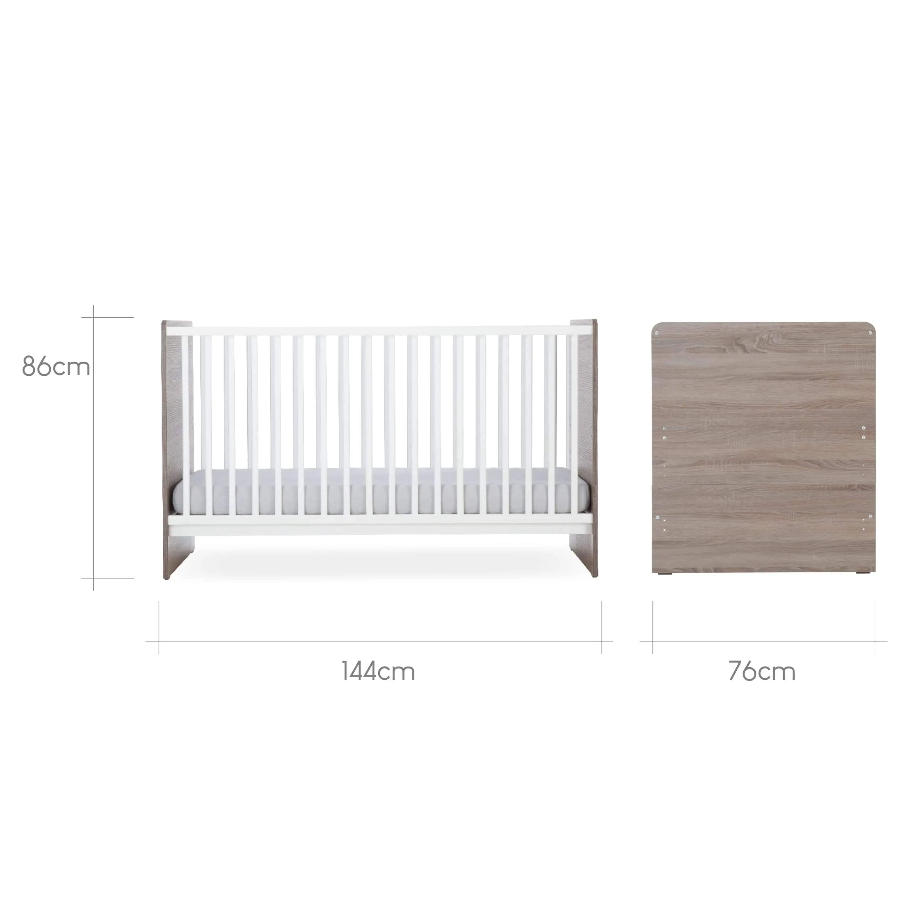 CuddleCo Enzo 3pc Set 3 Drawer Dresser, Cot Bed and Wardrobe - Truffle Oak/White