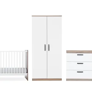 CuddleCo Enzo 3pc Set 3 Drawer Dresser, Cot Bed and Wardrobe - Truffle Oak/White