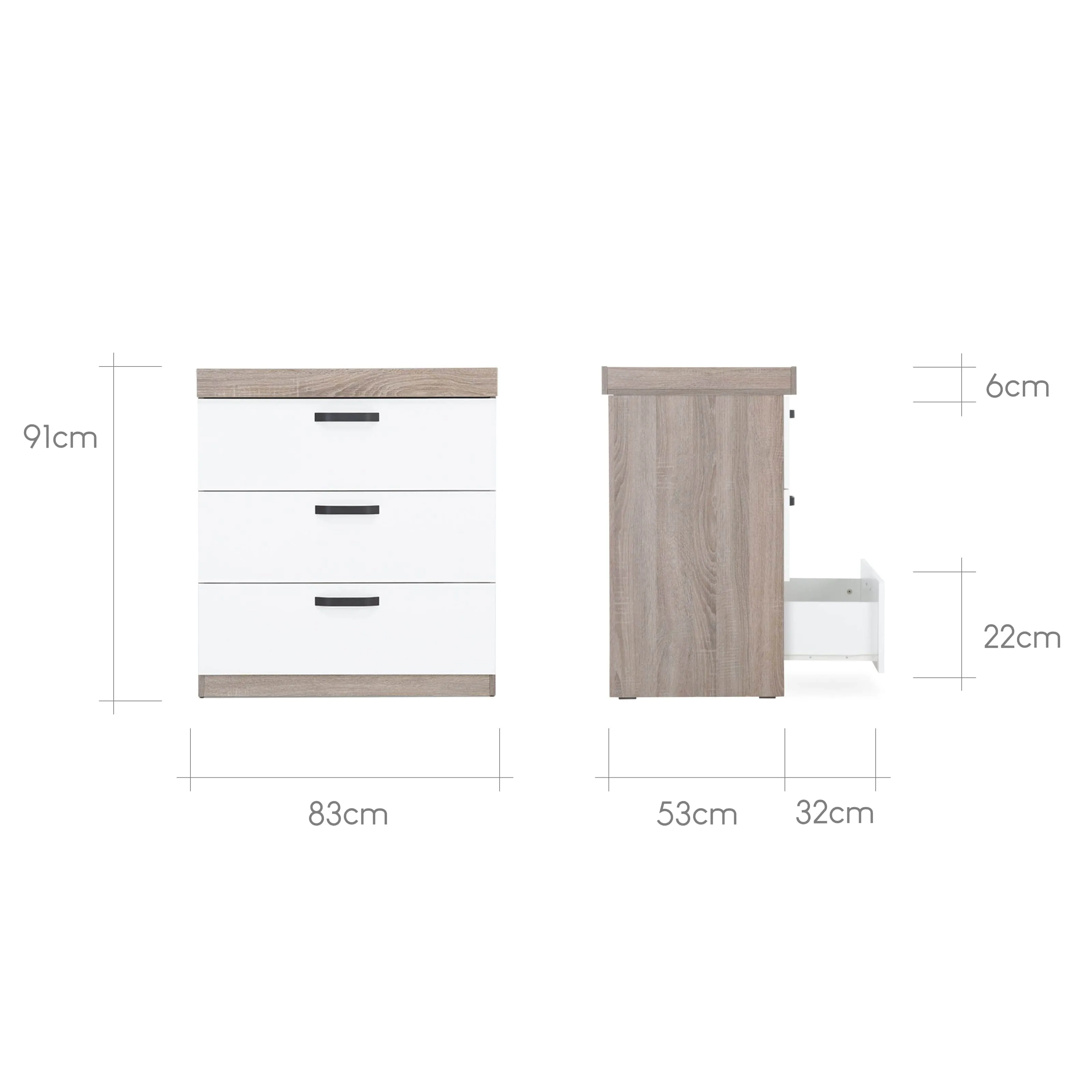 CuddleCo Enzo 3pc Set 3 Drawer Dresser, Cot Bed and Wardrobe - Truffle Oak/White