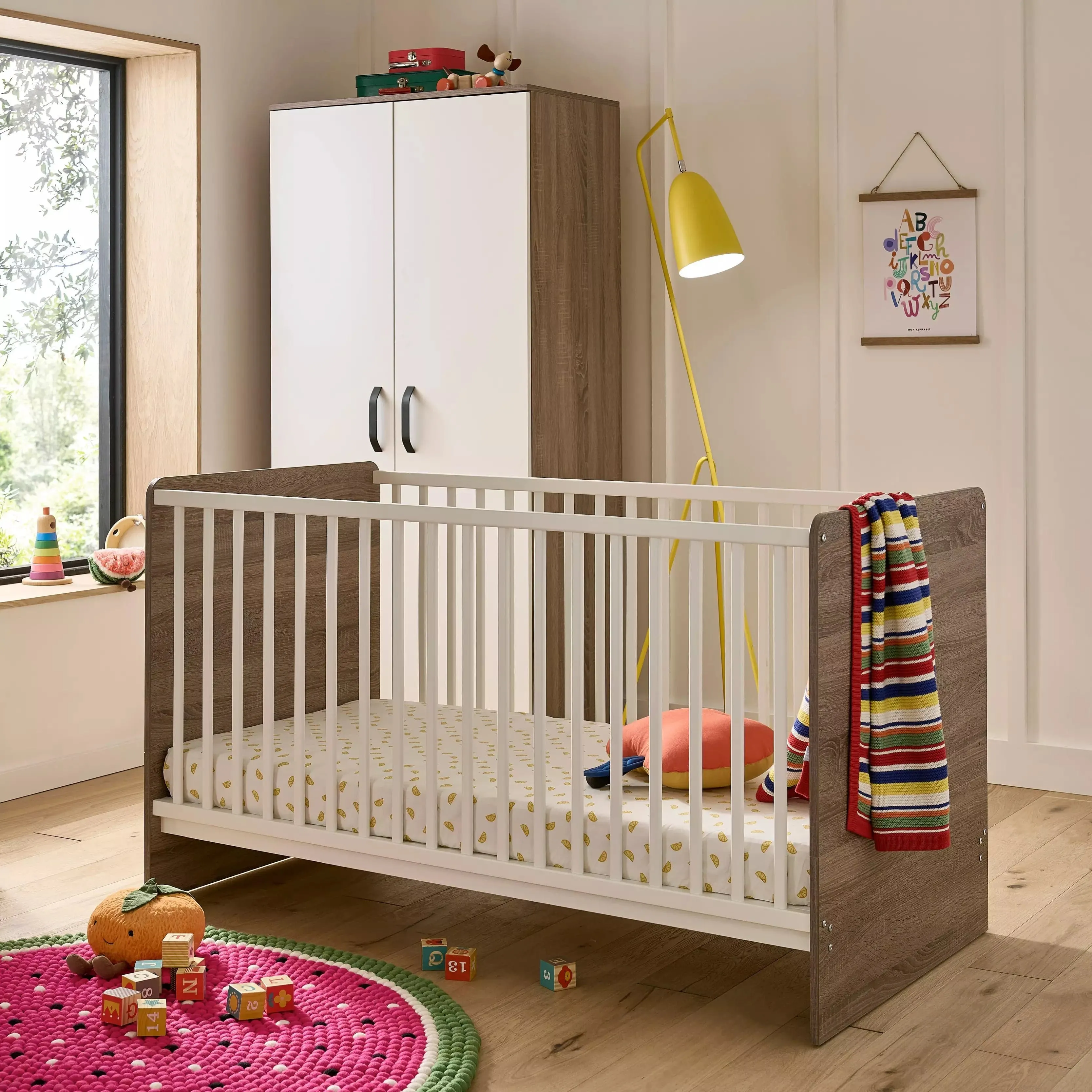 CuddleCo Enzo 3pc Set 3 Drawer Dresser, Cot Bed and Wardrobe - Truffle Oak/White