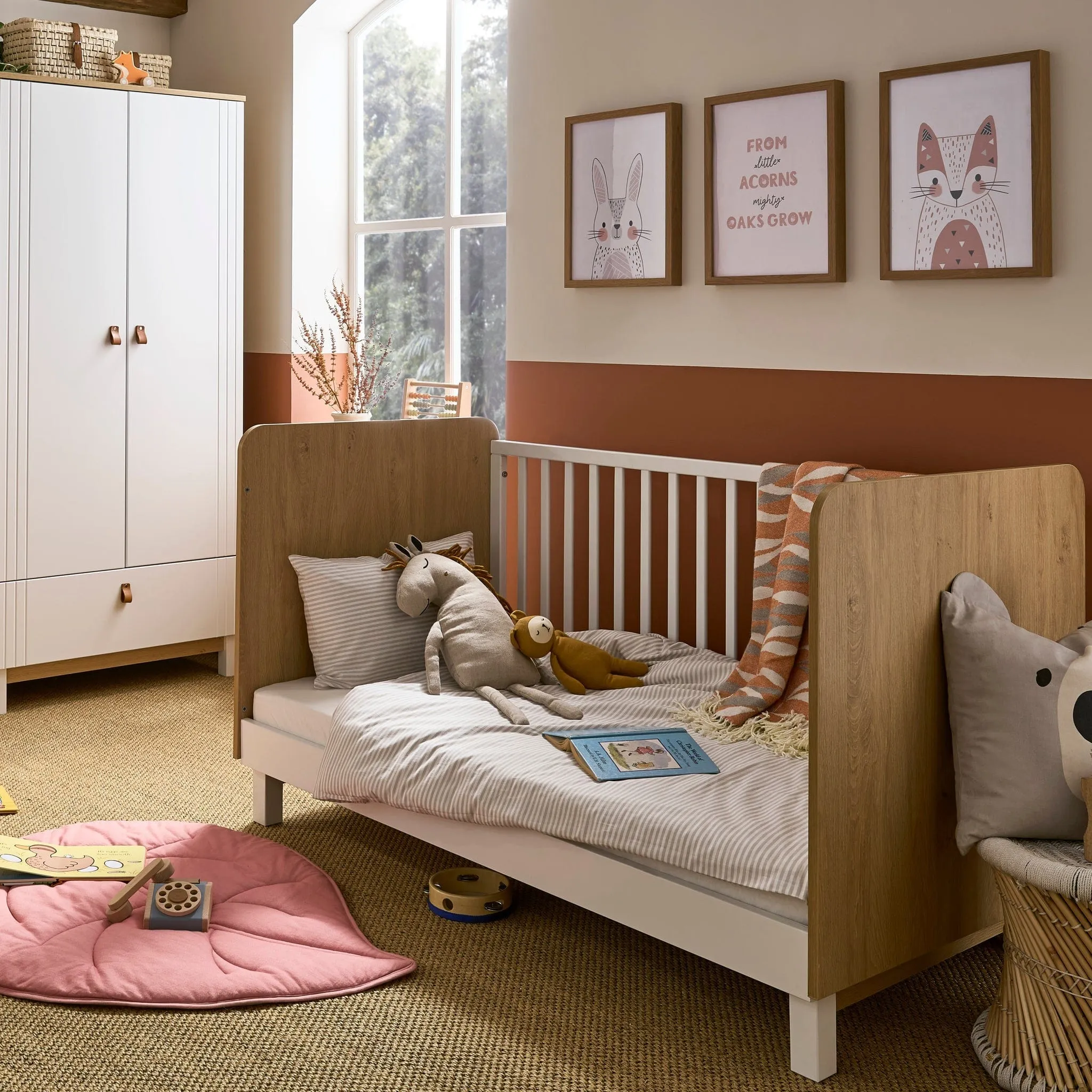 CuddleCo Rafi 3pc Set 3 Drawer Dresser, Cot Bed and Wardrobe - Oak/White