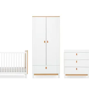 CuddleCo Rafi 3pc Set 3 Drawer Dresser, Cot Bed and Wardrobe - Oak/White