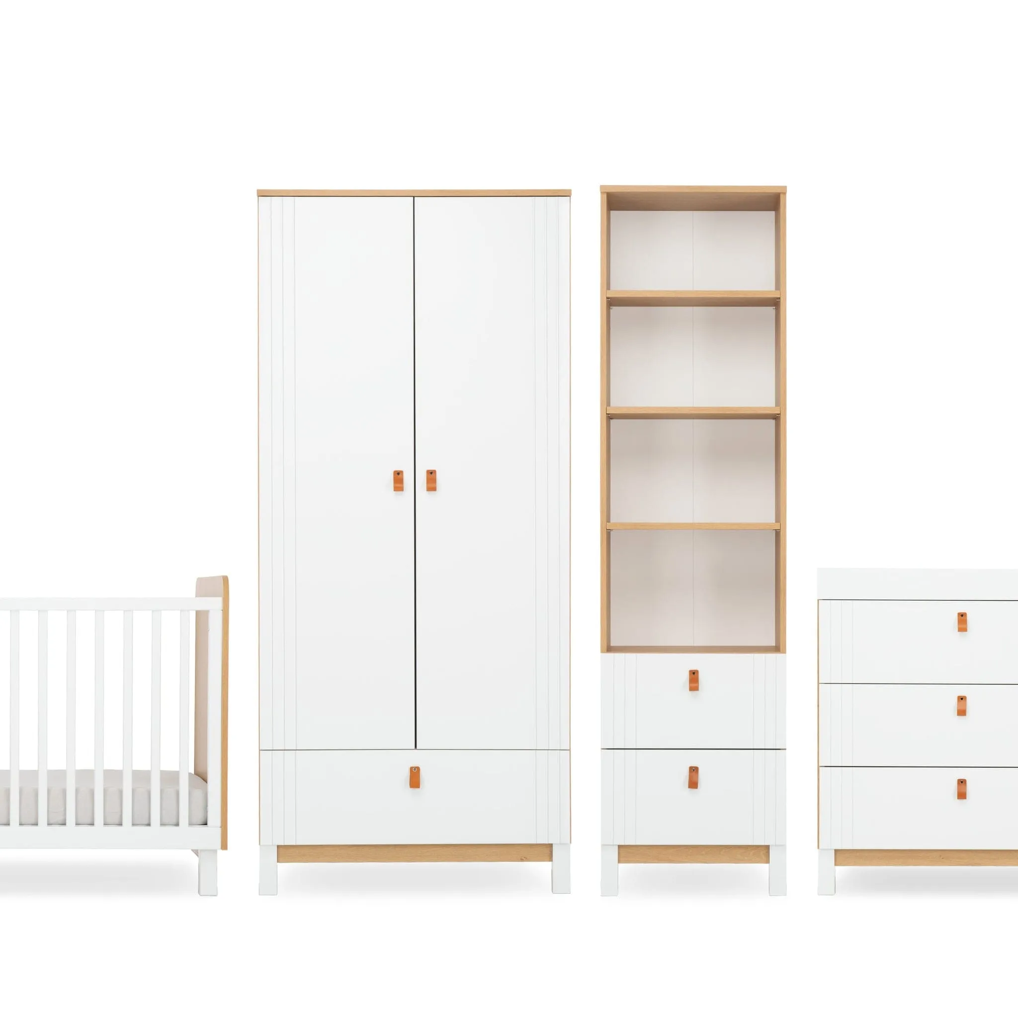 CuddleCo Rafi 4pc Set 3 Drawer Dresser, Cot Bed, Wardrobe and Bookcase- Oak/White