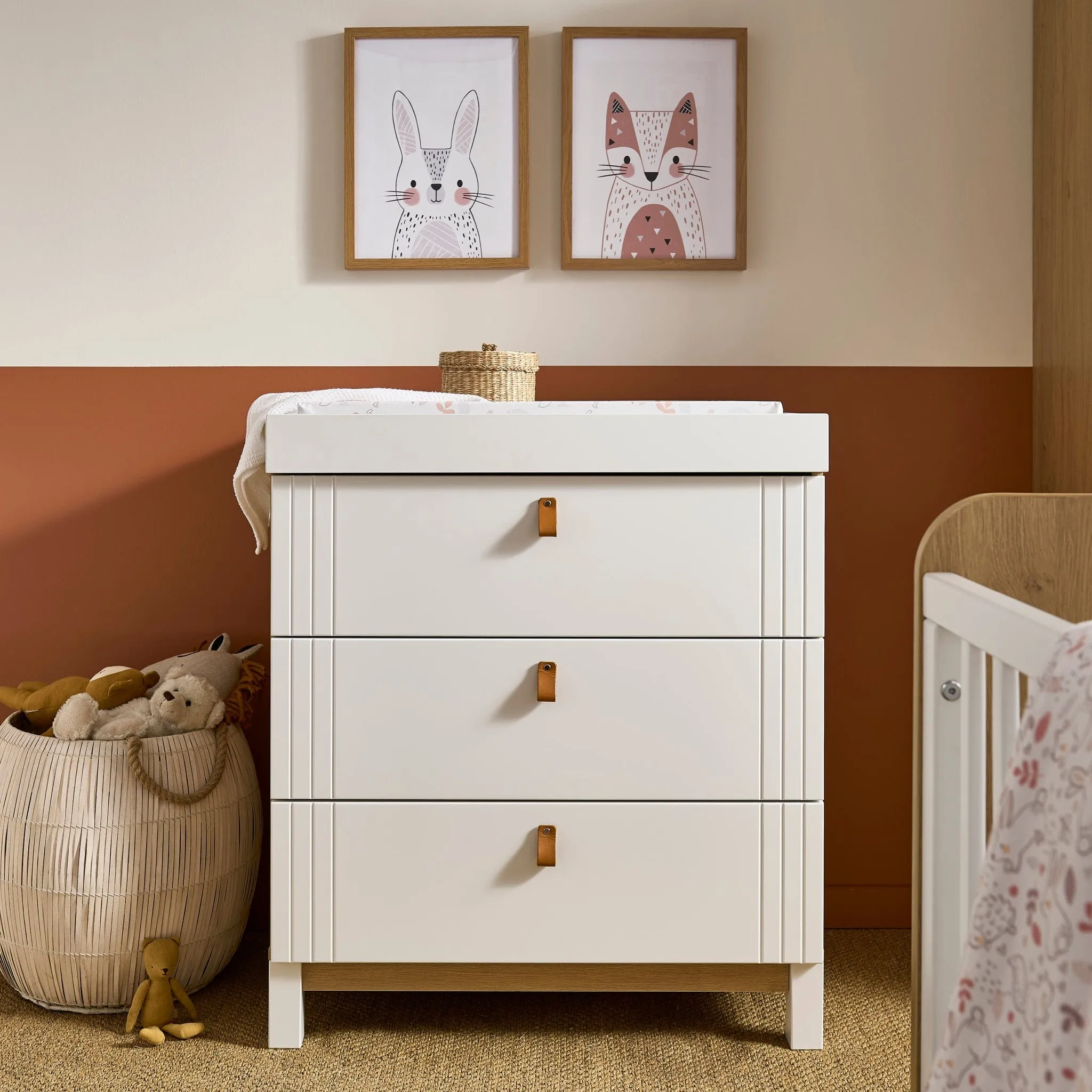 CuddleCo Rafi 4pc Set 3 Drawer Dresser, Cot Bed, Wardrobe and Bookcase- Oak/White