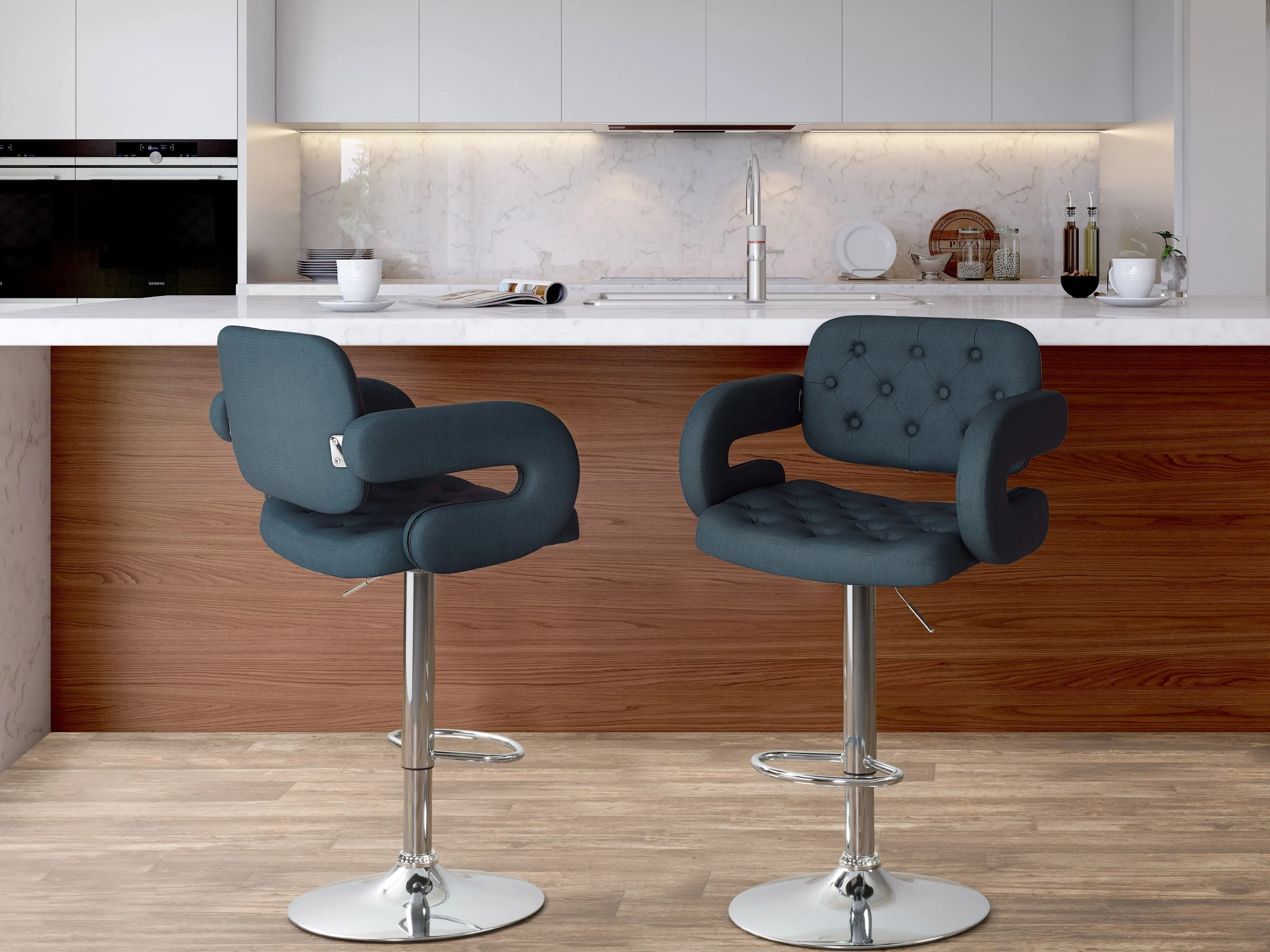 Dark Blue Bar Stools with Arms, Set of 2