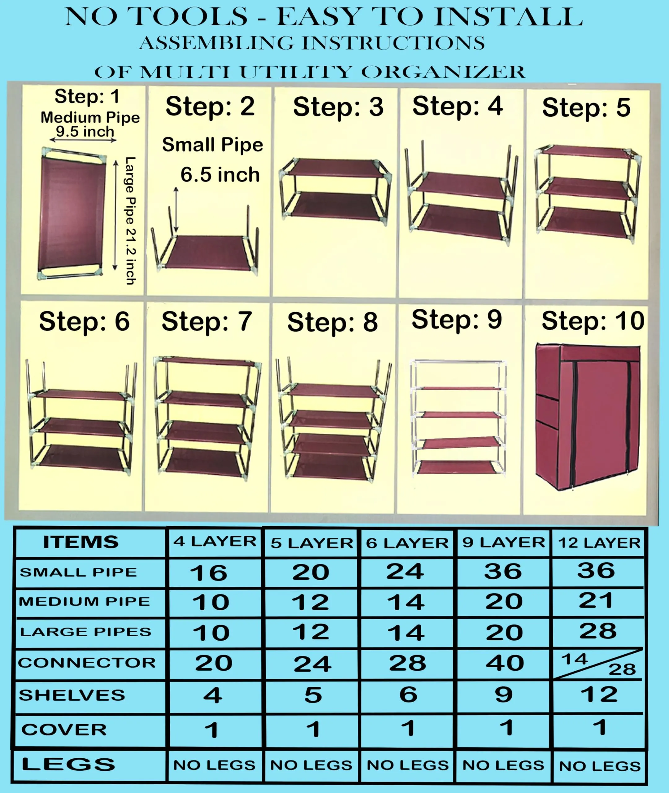 DEMARK Multipurpose| 9 Layer Shoe Rack For Home Improvement Furniture With Dustproof Cover| Chappal Stand| Clothes Storage Wadrobe| (Blue)