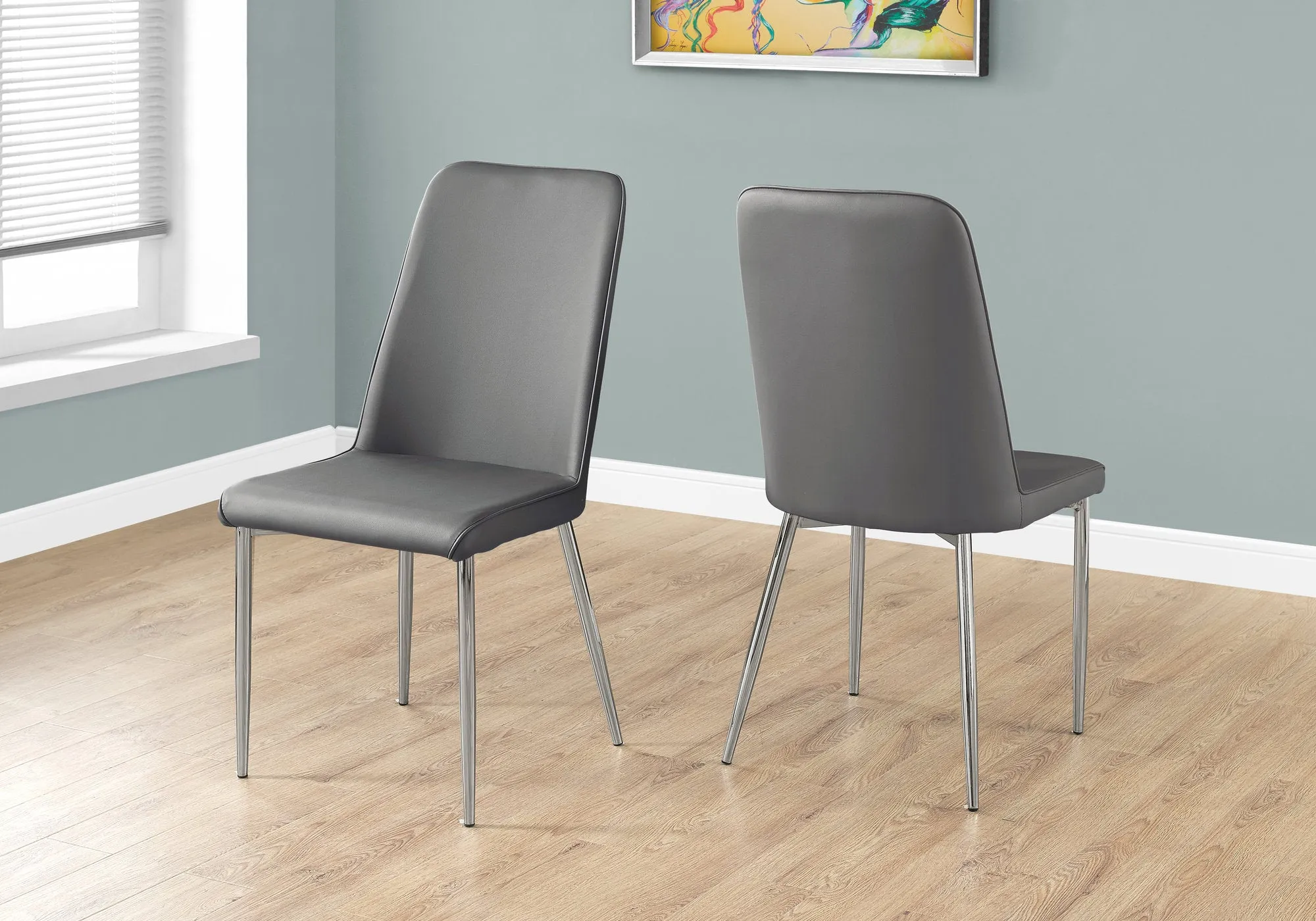 Dining Chair, Set Of 2, Side, Upholstered, Kitchen, Dining Room, Grey Leather Look, Chrome Metal, Contemporary, Modern