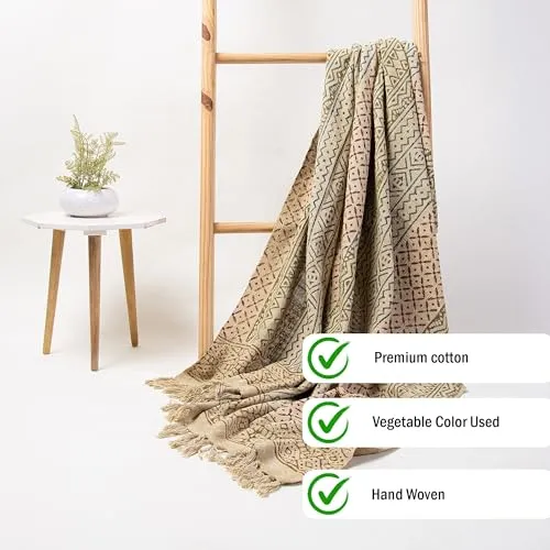 DMAASA Pure Cotton Hand Woven Sofa Throw | Handmade 50x70 Inch Multi Patterns Beige Throw Blanket | Soft Throw for Living Room, Bed, Couch Chair | Reversible, Breathable, Lightweight, Indoor Outdoor