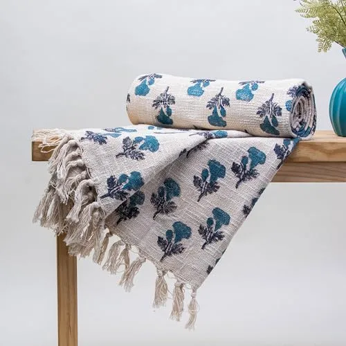 DMAASA Pure Cotton Throw Blanket | Handmade Block Print Blue Floral Throw 50x60 Inches | Throw for Sofa, Bed, Chair and Couch | Breathable and Lightweight