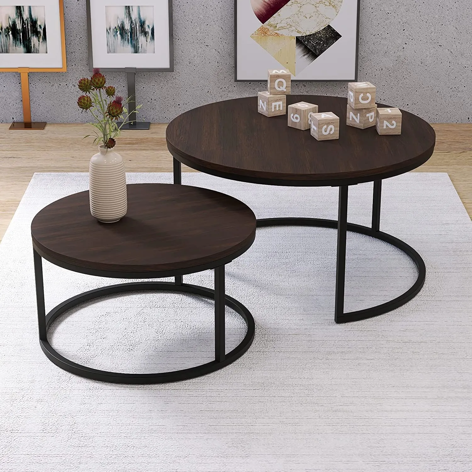 Dream Arts Metal Nesting Coffee Table Set of 2 Modern Stackable Center Table with Natural Antique Finish and Sturdy Metal Frame for Living Room Bedroom or Apartments