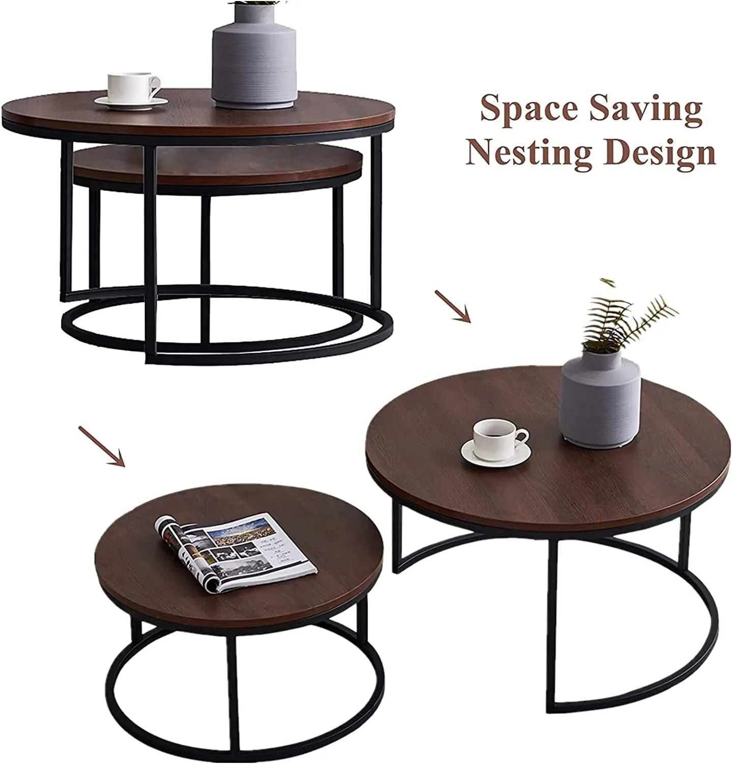 Dream Arts Metal Nesting Coffee Table Set of 2 Modern Stackable Center Table with Natural Antique Finish and Sturdy Metal Frame for Living Room Bedroom or Apartments