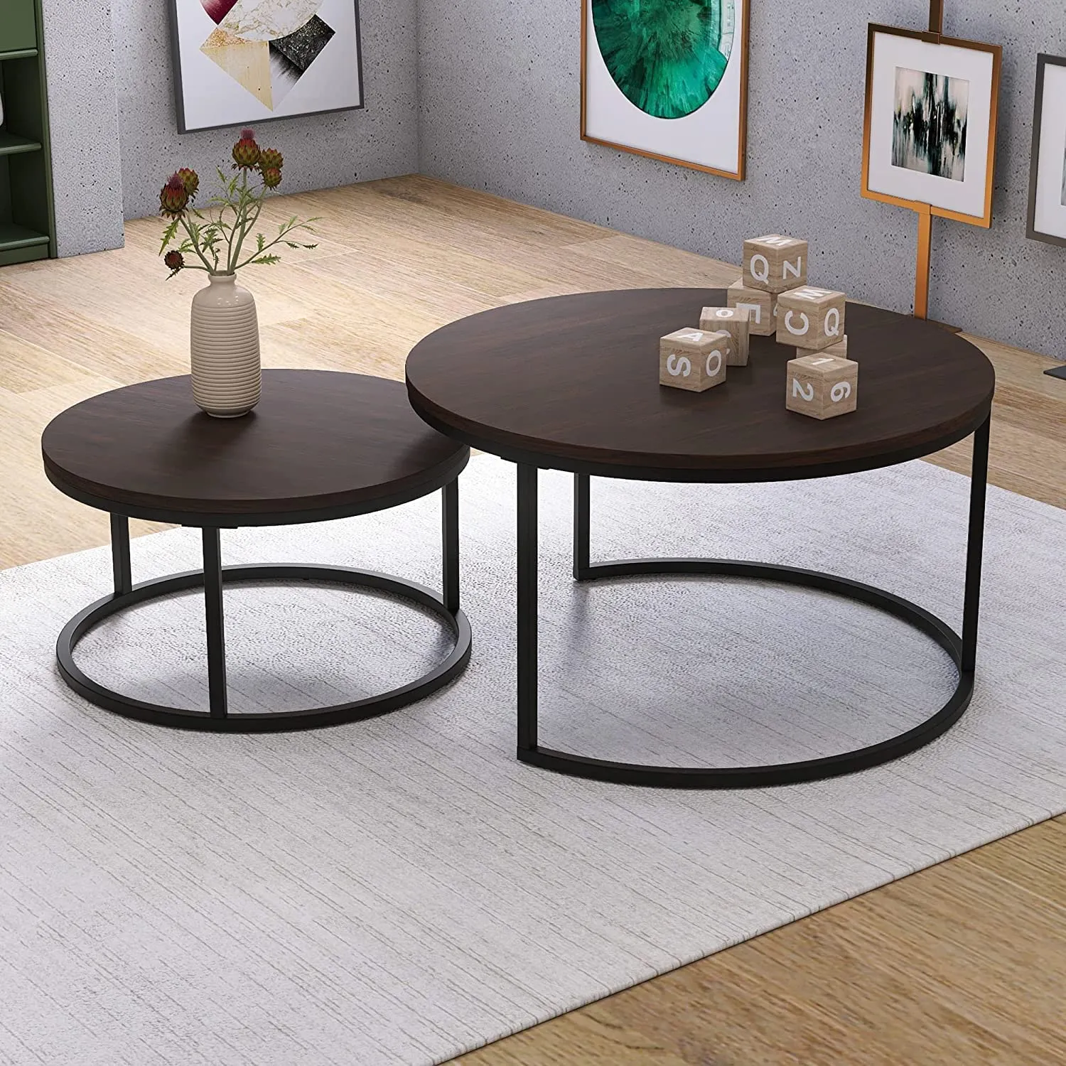 Dream Arts Metal Nesting Coffee Table Set of 2 Modern Stackable Center Table with Natural Antique Finish and Sturdy Metal Frame for Living Room Bedroom or Apartments