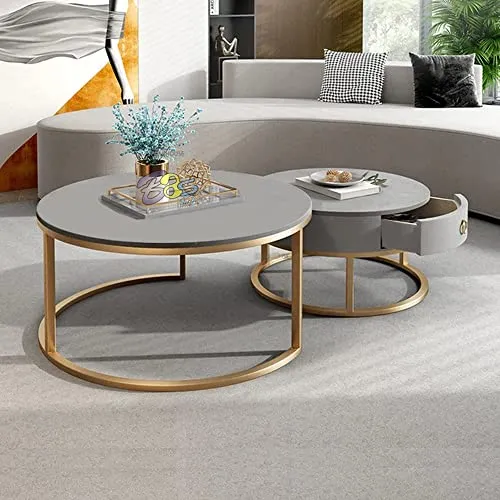 Dream Decor Shoppee Beautiful Center Table CoffeeTable | Tables Simple Table Set of 2, Sofa Center Table Round with Wooden Drawer and Metal Frame Home Decor Sets for Living Room (Gold & Grey)