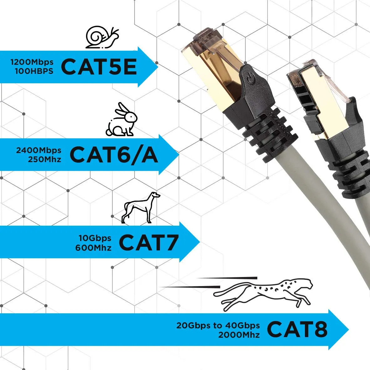 Duronic Ethernet Cable 10M High Speed CAT 8 Patch Network Shielded Lead 2GHz / 2000MHz / 40 Gigabit, CAT8 SFTP Wire, Snagless RJ45 Super-Fast Data - Grey