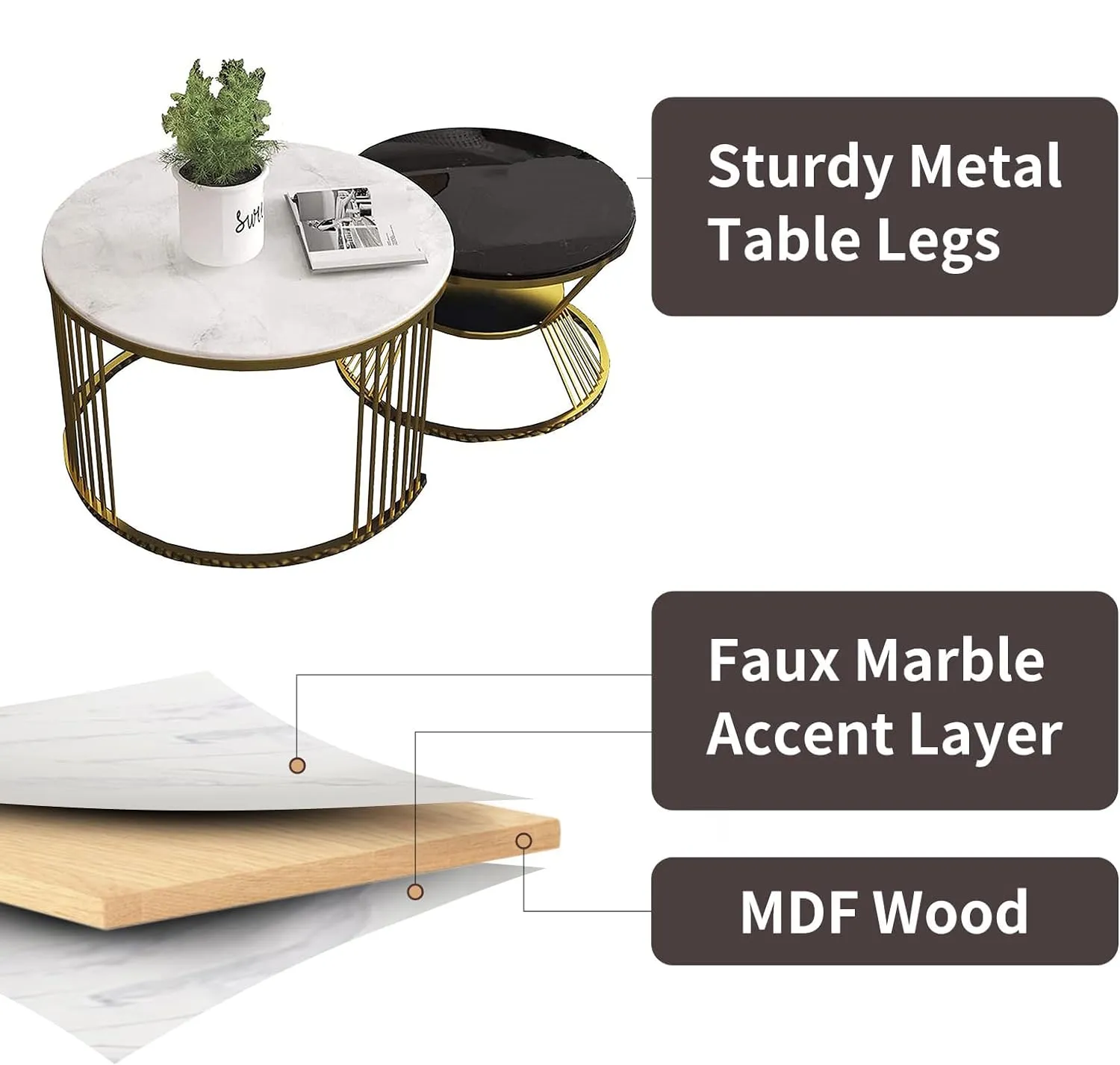 EDEUEQUE White Marble Pattern Nesting Coffee Table for Small Place Set of 2 Modern Furniture Living Room Tables End Side Table Nightstand for Bed Room Dining Room (Golden & Black)