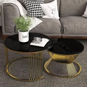 EDEUEQUE White Marble Pattern Nesting Coffee Table for Small Place Set of 2 Modern Furniture Living Room Tables End Side Table Nightstand for Bed Room Dining Room (Golden & Black)