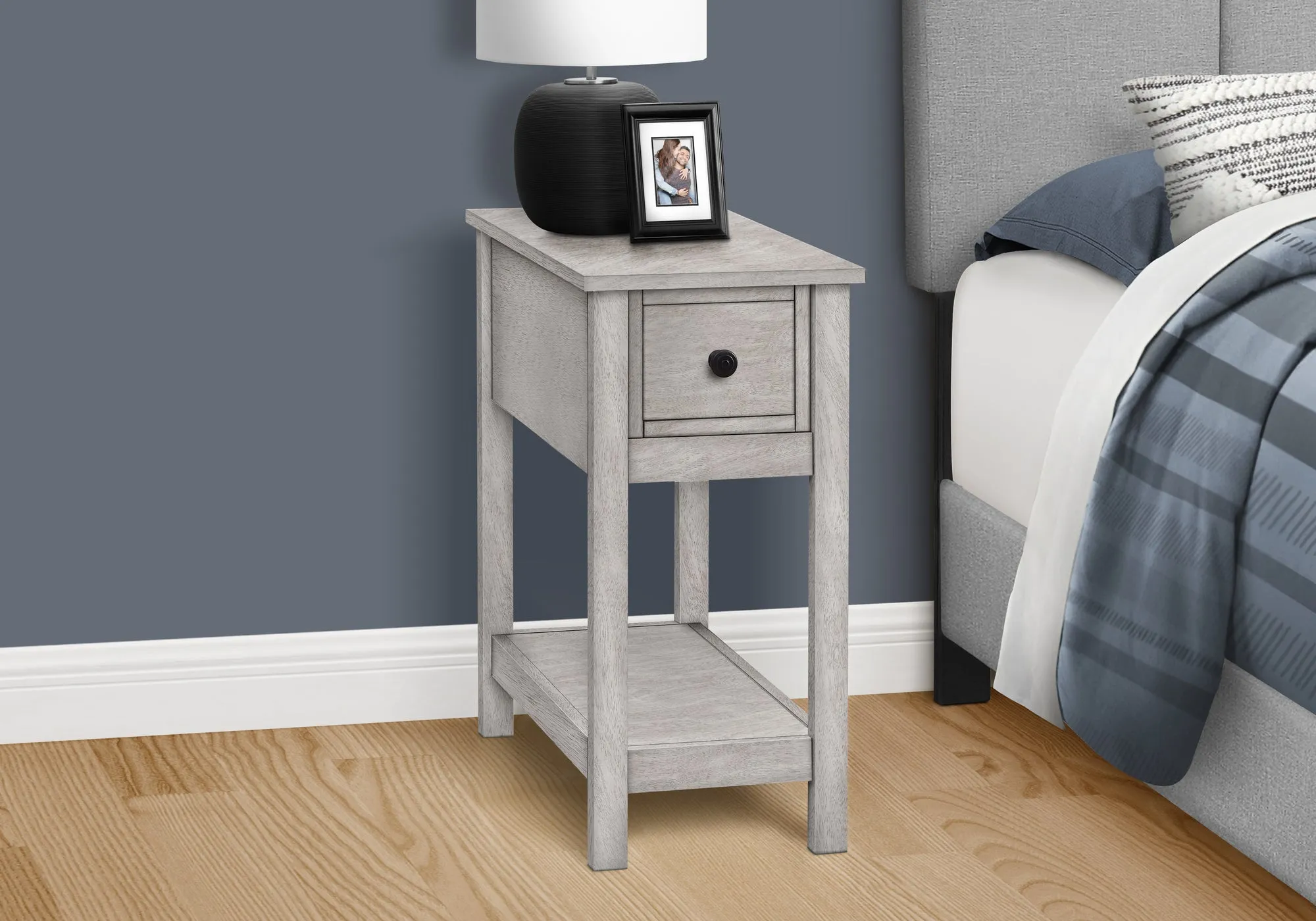 EleganceEnd: 2-Tier Grey Veneer Side Table with Storage Drawer – Perfect for Bedroom & Living Spaces