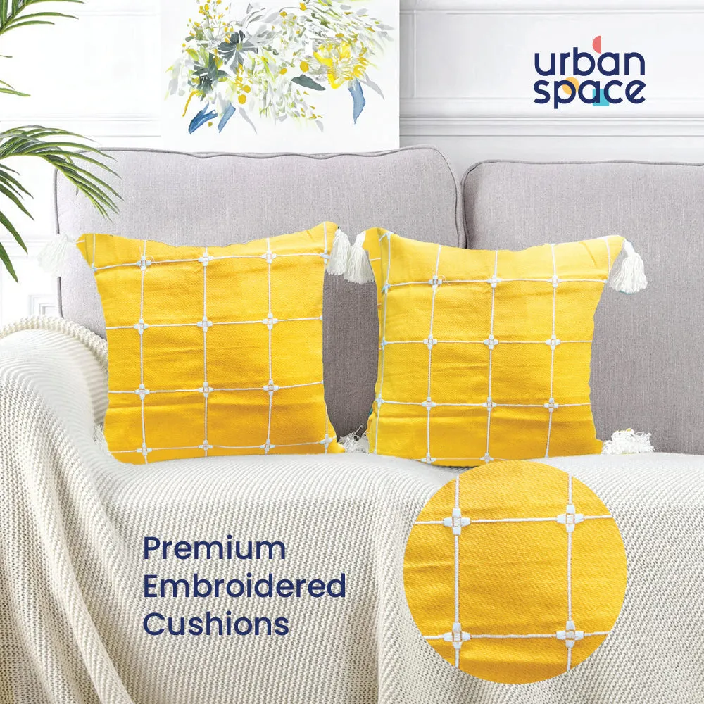 Embroidered Cotton Cushion Cover, for Sofa, Bedroom, Living Room - Set of 2 - Aura Checks Yellow