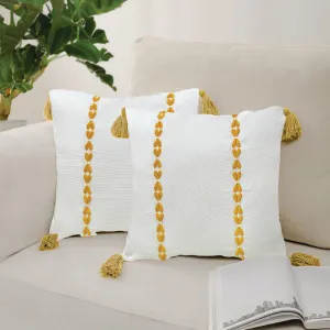 Embroidered Cotton Cushion Cover, for Sofa, Bedroom, Living Room - Set of 2 - Vintage Braid Yellow