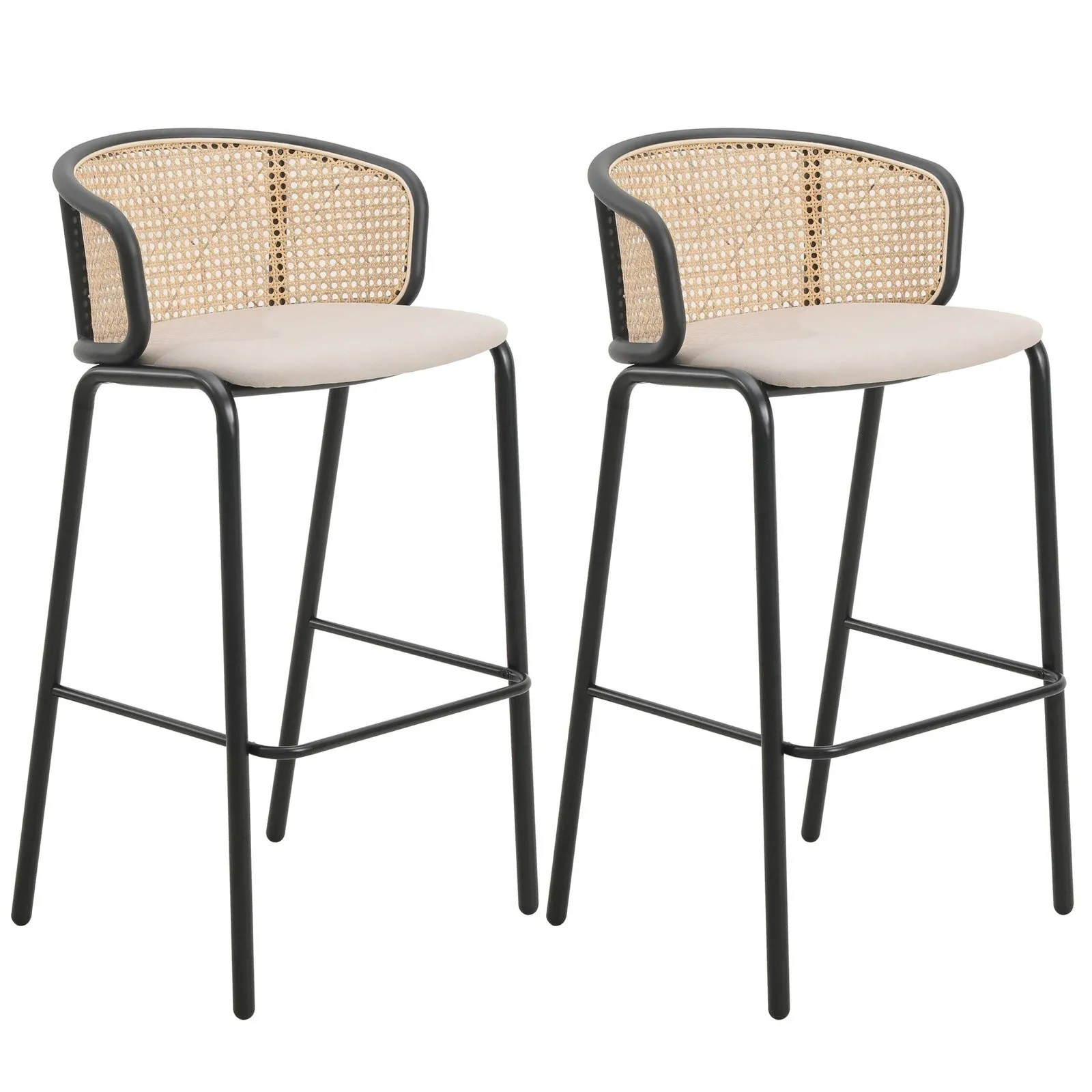 Ervilla Modern Wicker Bar Stool with Fabric Seat and Black Powder Coated Steel Frame, Set of 2