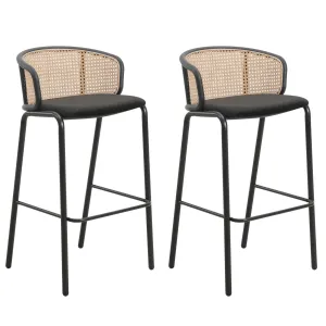 Ervilla Modern Wicker Bar Stool with Fabric Seat and Black Powder Coated Steel Frame, Set of 2