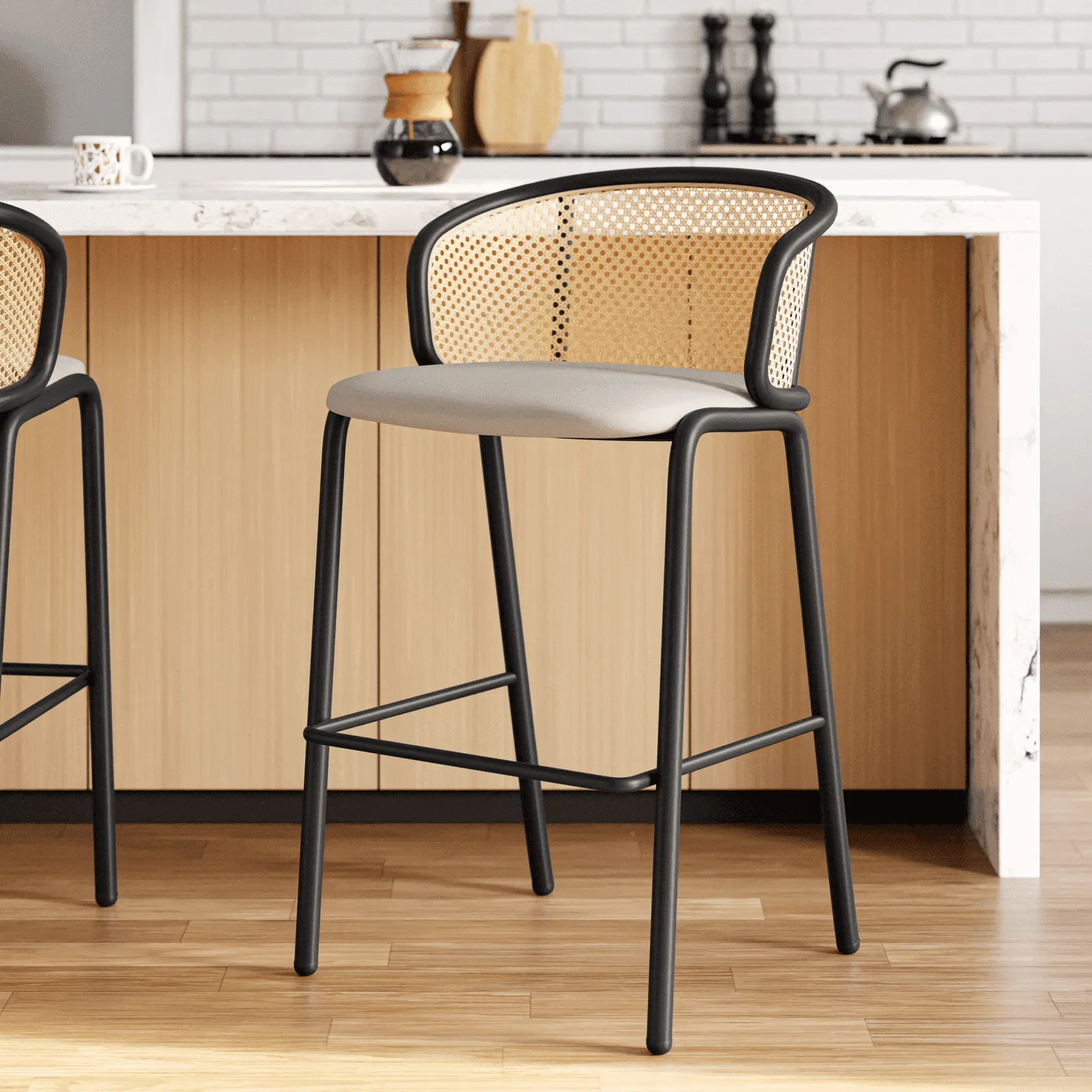 Ervilla Modern Wicker Bar Stool with Fabric Seat and Black Powder Coated Steel Frame, Set of 2