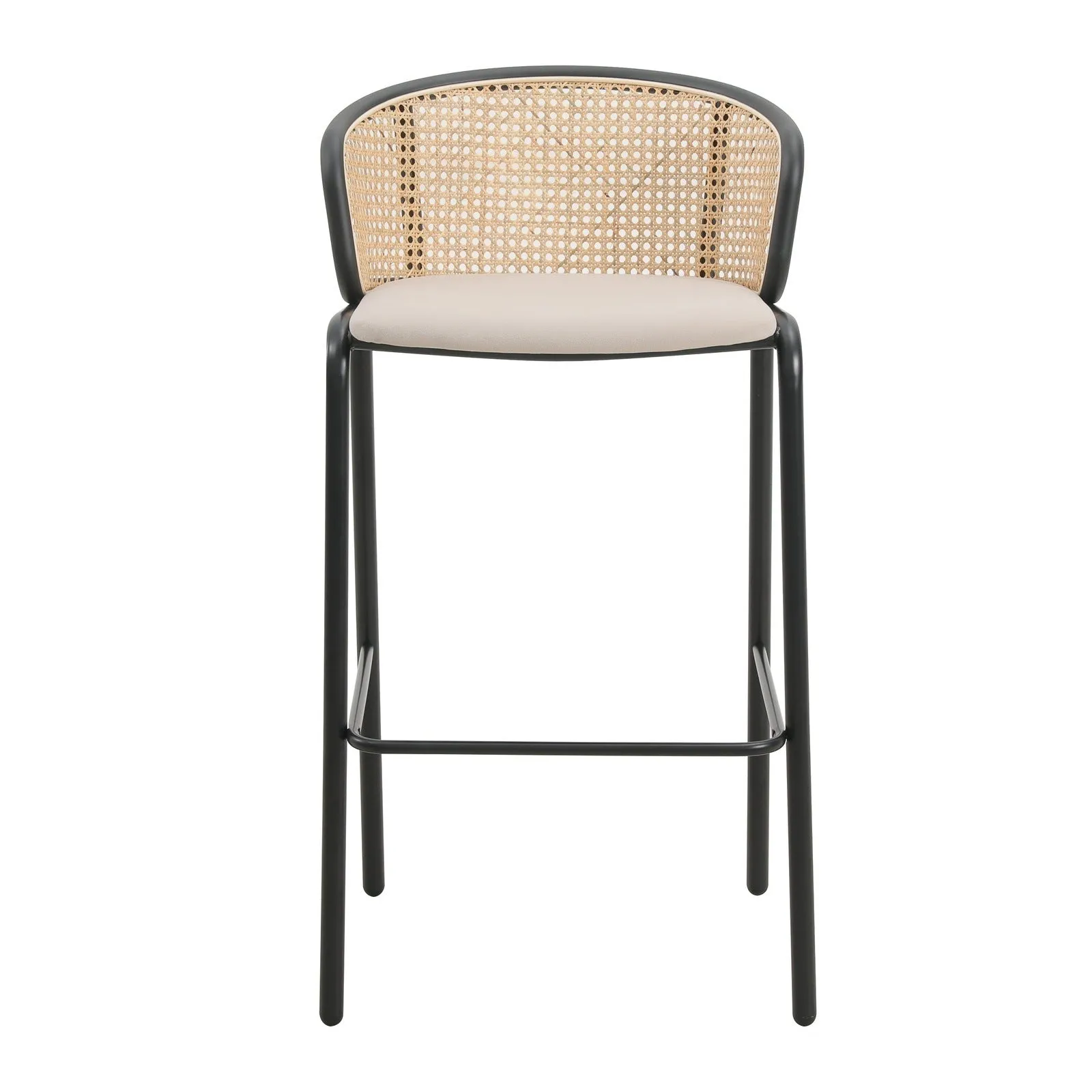 Ervilla Modern Wicker Bar Stool with Fabric Seat and Black Powder Coated Steel Frame, Set of 2