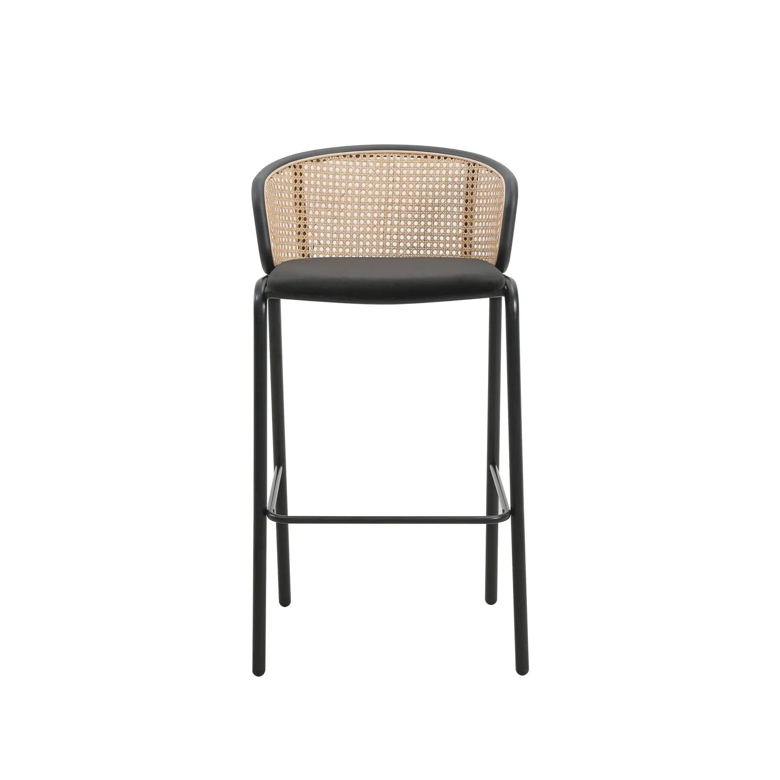 Ervilla Modern Wicker Bar Stool with Fabric Seat and Black Powder Coated Steel Frame, Set of 2