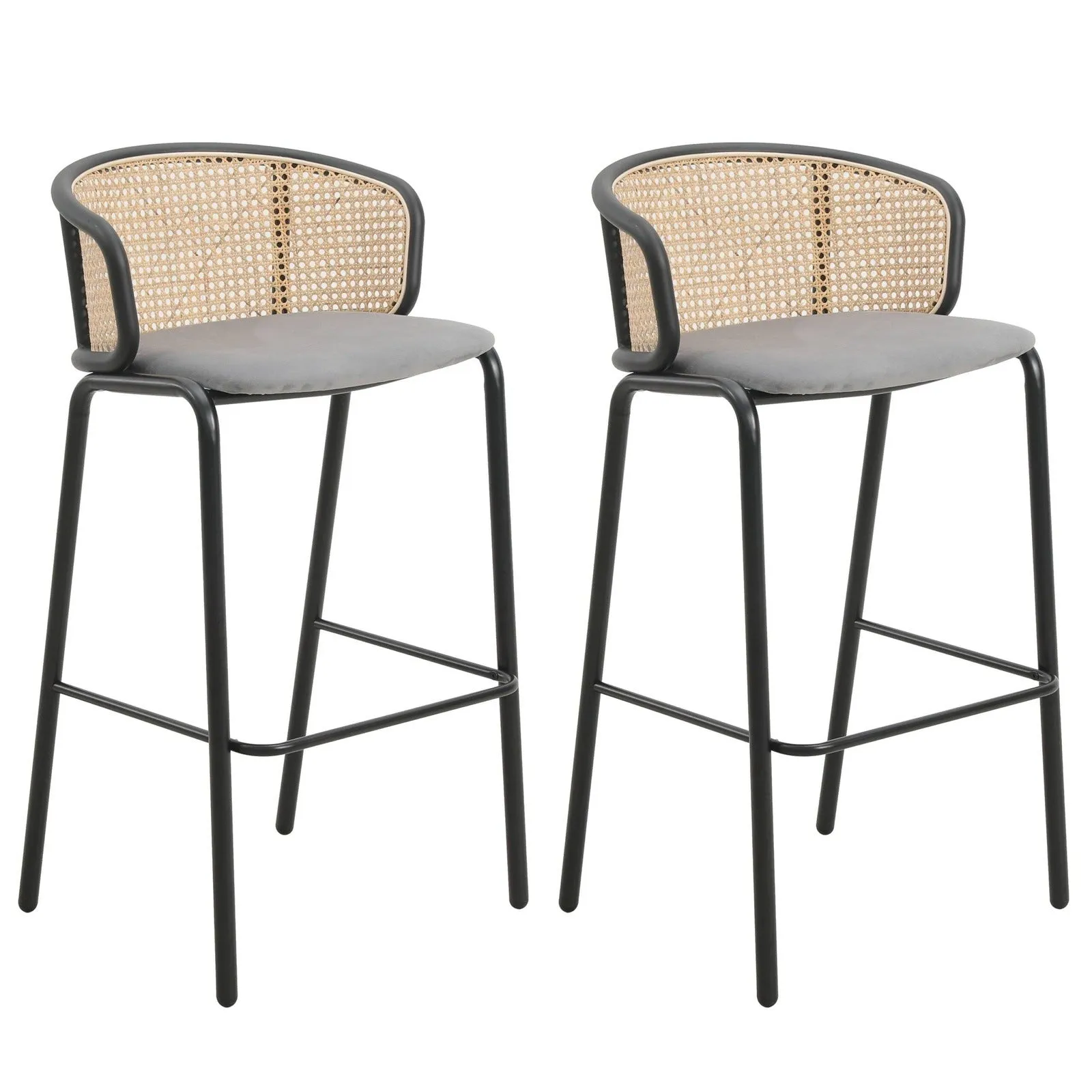 Ervilla Modern Wicker Bar Stool with Fabric Seat and Black Powder Coated Steel Frame, Set of 2