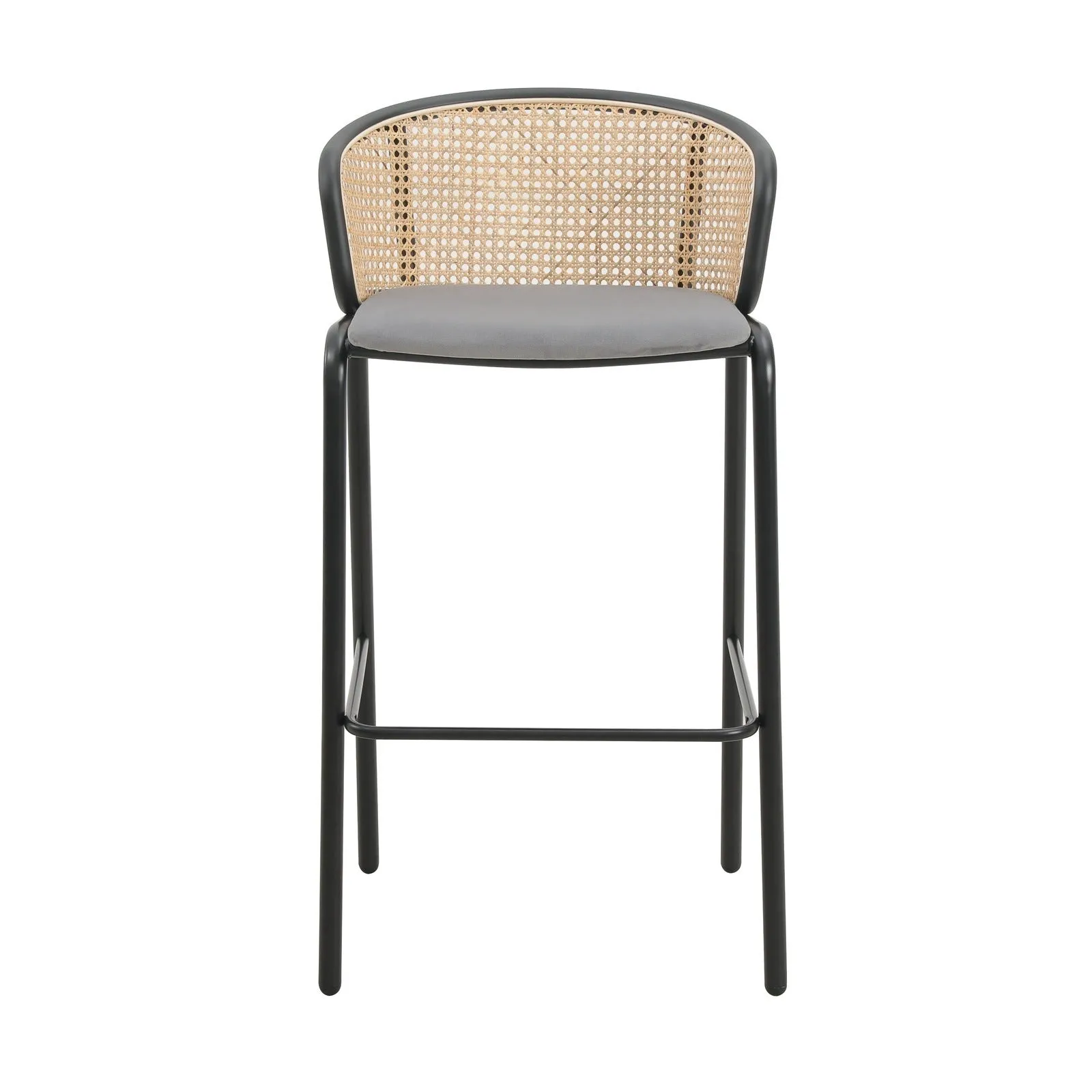 Ervilla Modern Wicker Bar Stool with Fabric Seat and Black Powder Coated Steel Frame, Set of 2