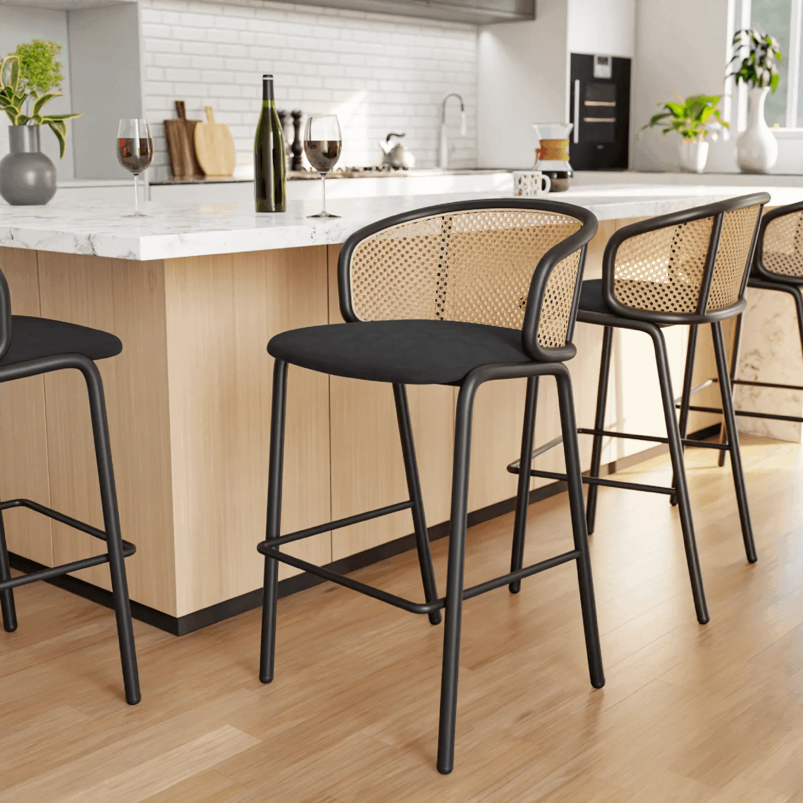 Ervilla Modern Wicker Bar Stool with Fabric Seat and Black Powder Coated Steel Frame, Set of 2