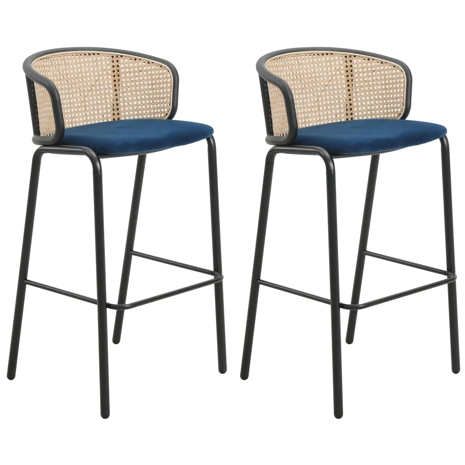 Ervilla Modern Wicker Bar Stool with Fabric Seat and Black Powder Coated Steel Frame, Set of 2