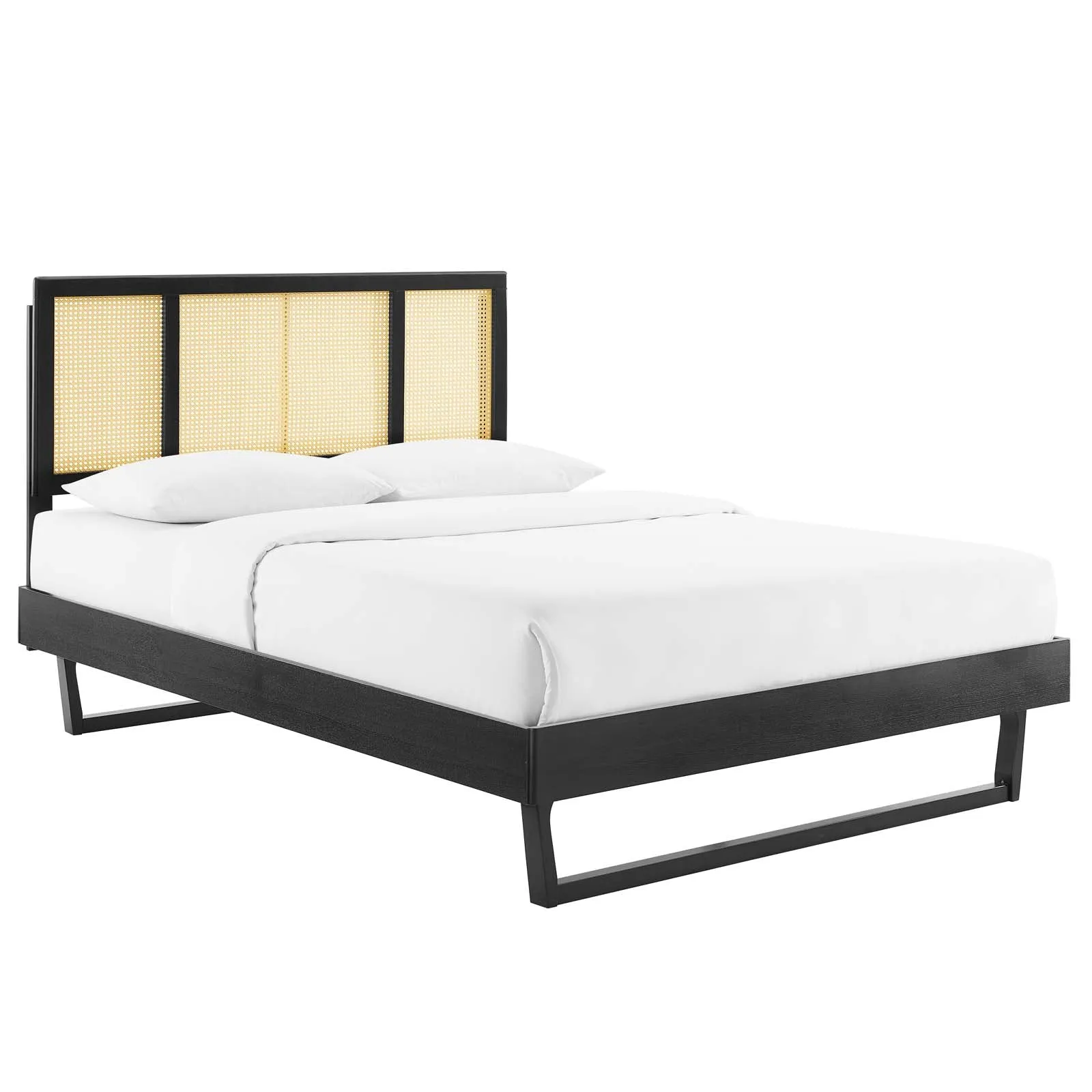 Kelsea Cane and Wood King Platform Bed With Angular Legs